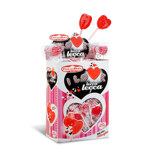 CASA DEL DOLCE Lecca Cuore Piccolo, Lecca Lecca a Forma di Cuore, Gusto Ciliegia, Box da 200 Pezzi, Incartati Singolarmente, Made in Italy, Senza Lattosio, Senza Glutine, Idee Regalo per Feste