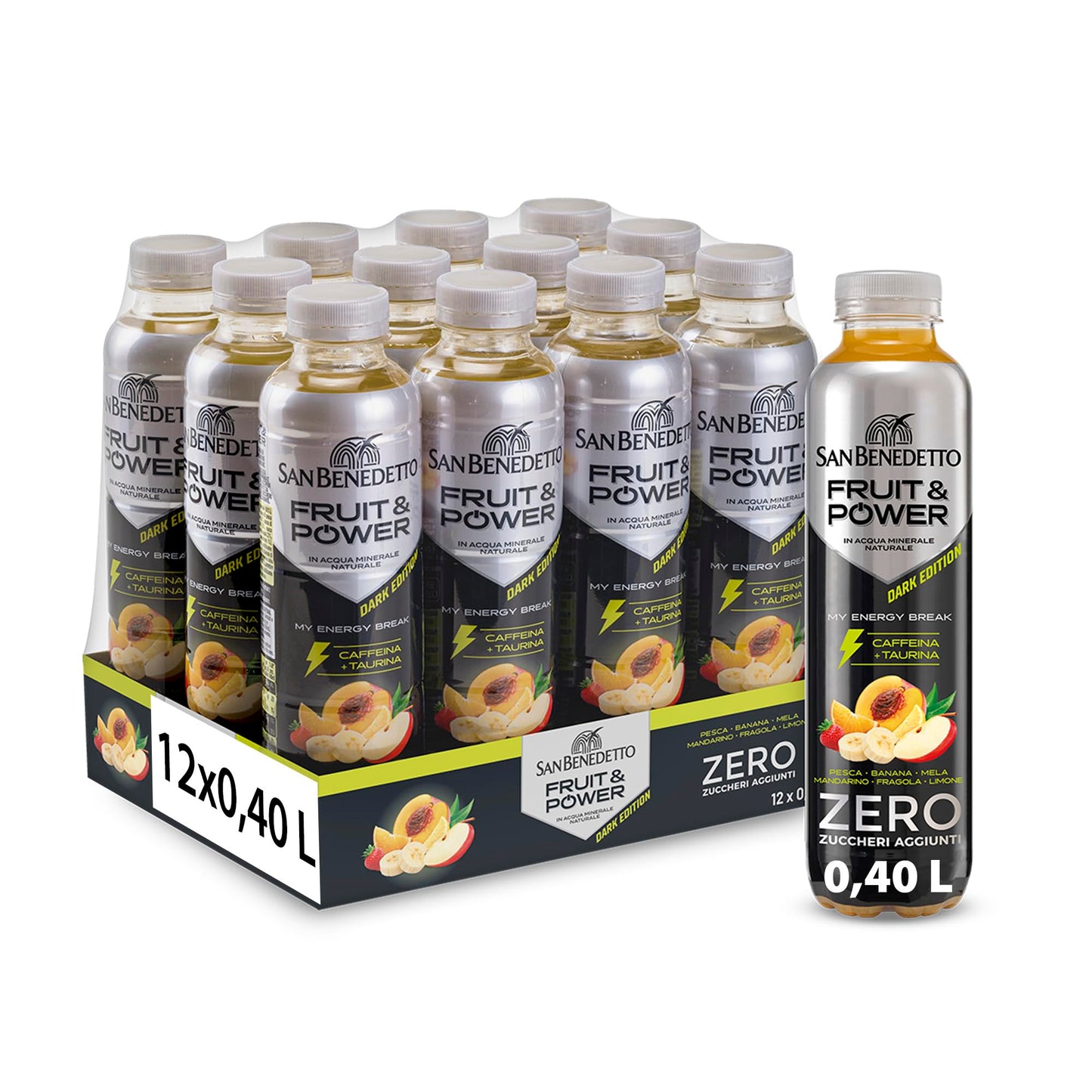 San Benedetto, Fruit & Power Dark Edition, 12 x 0,40 L, Mix Fruttato Energizzante, Ideale come Break Alternativo al Caffè, Zero Zuccheri Aggiunti