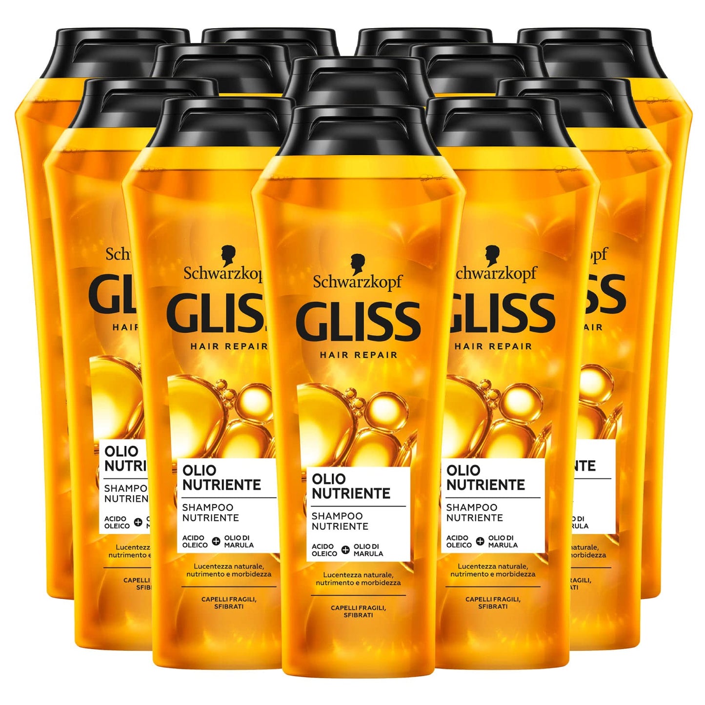 12x Schwarzkopf Gliss Hair Repair Olio Nutriente Shampoo per Capelli Fragili e Sfibrati Azione Riparatrice - 12 Flaconi da 250ml