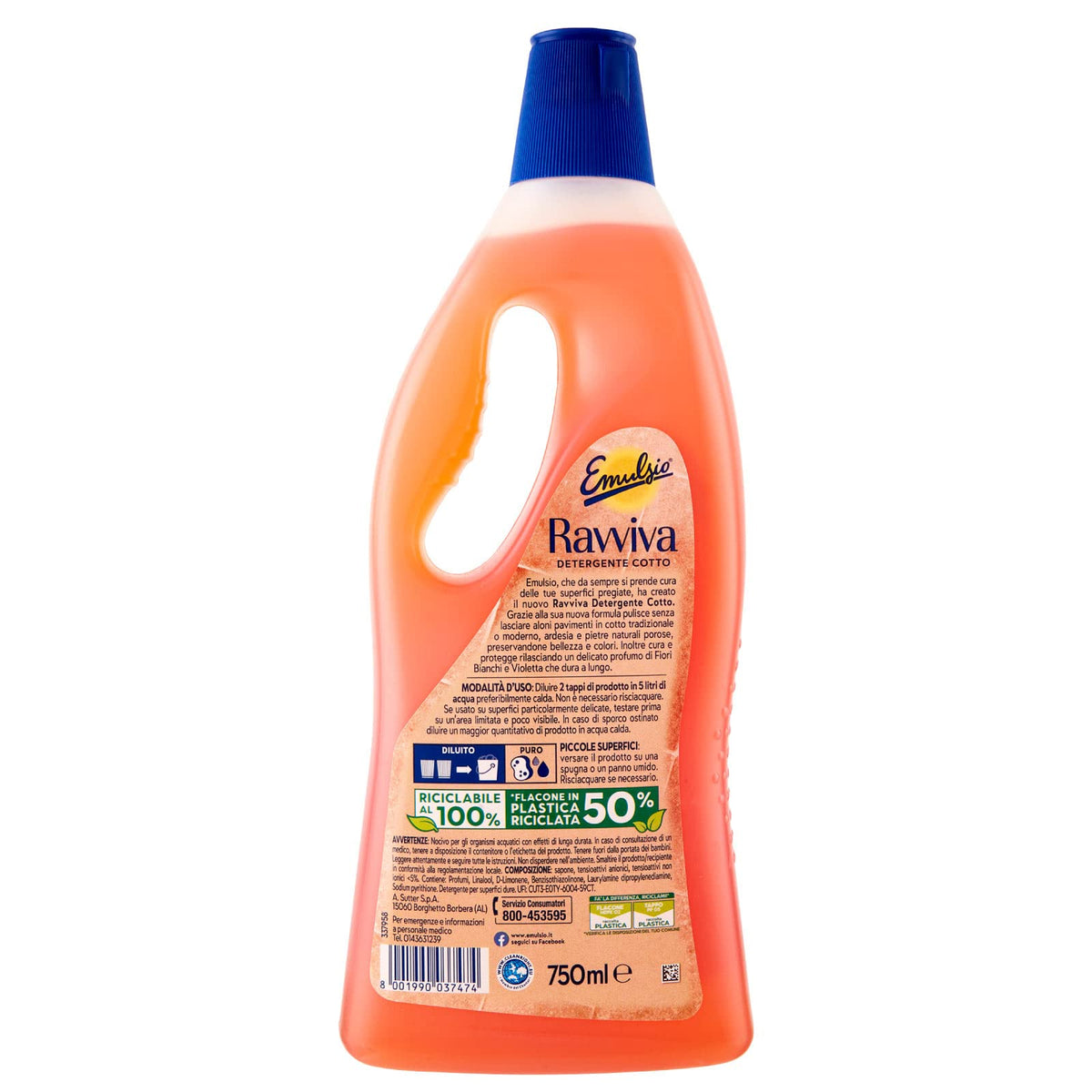Emulsio Ravviva Cotto Detergente Pavimenti per Cotto Tradizionale o Moderno Ardesia Pietre Naturali Porose Formula Protettiva Profumo di Fiori Bianchi e Violetta a Lunga Durata - 12 Flaconi da 750ml