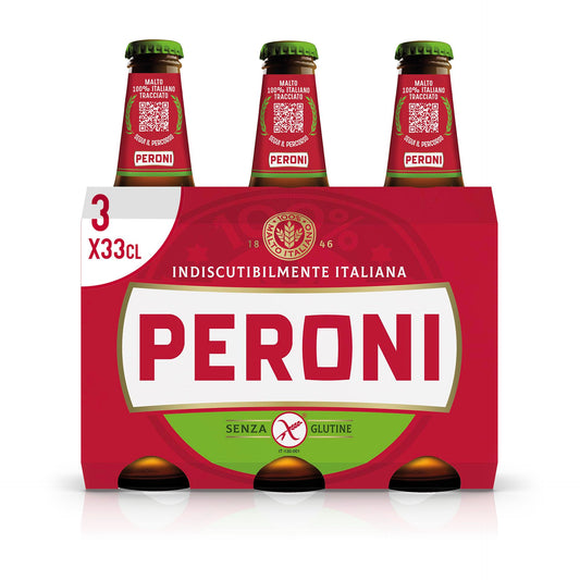 Peroni, Birra Senza Glutine, Pack con 3 Birre in Bottiglia da 33cl, Birra Lager con Malto 100% Italiano dal Gusto Moderatamente Amaro, Gradazione Alcolica 4.7% Vol