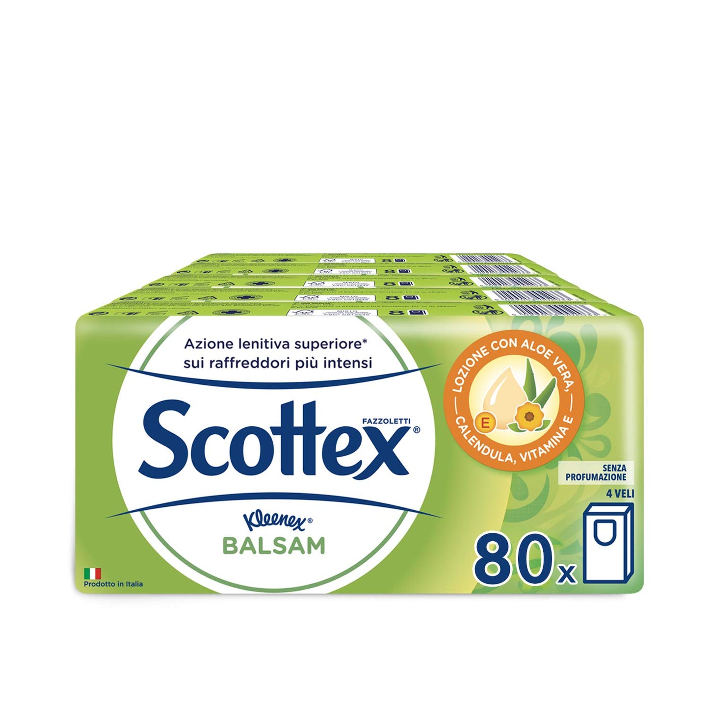 Scottex Balsam Fazzoletti, Con Balsamo protettivo, Dermatologicamente testati, 80 Pz, 10 Confezione da 8 Pacchetti di Fazzoletti di carta