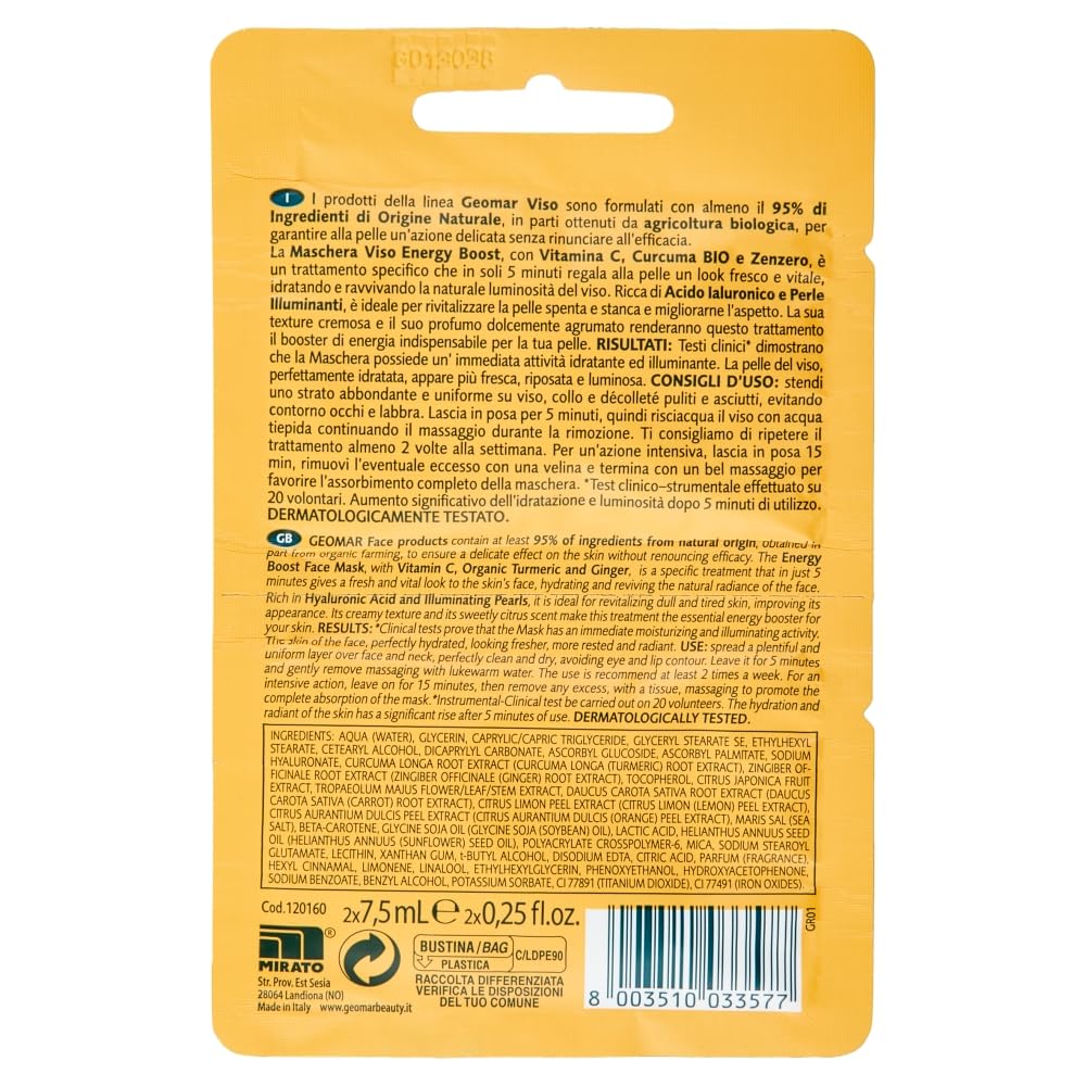 GEOMAR | Maschera Viso Energy Boost, Effetto Illuminante e Energizzante, 5 minuti, 95% di Origine Naturale, Dermatologicamente Testata, Made in Italy, 6 x 15 ml