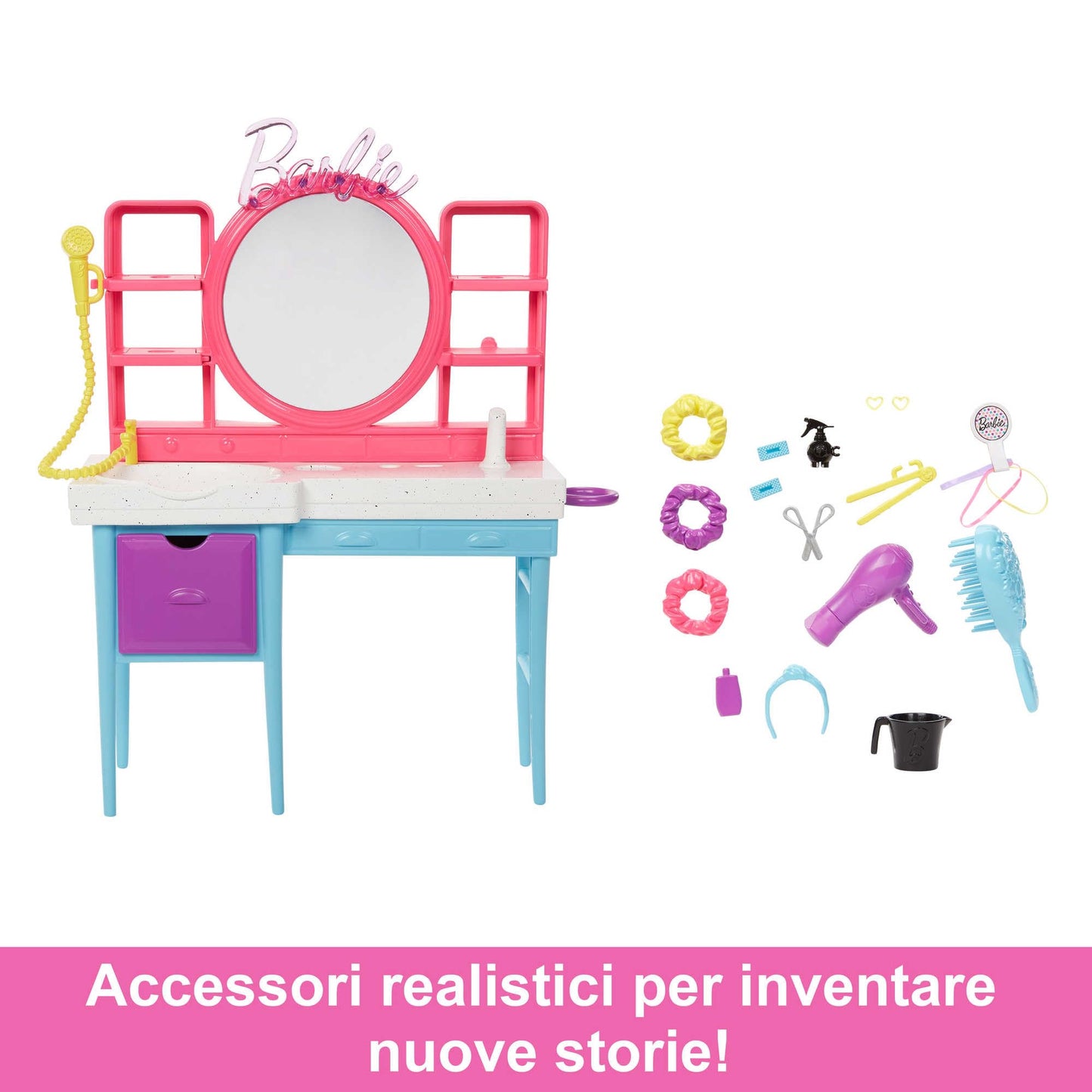 Barbie - Playset Salone di Bellezza Bambola Super Chioma, include 1 bambola con capelli lunghi cambia-colore, abito pied-de-poule e 15+ accessori per capelli, giocattolo per bambini, 3+ anni, HKV00
