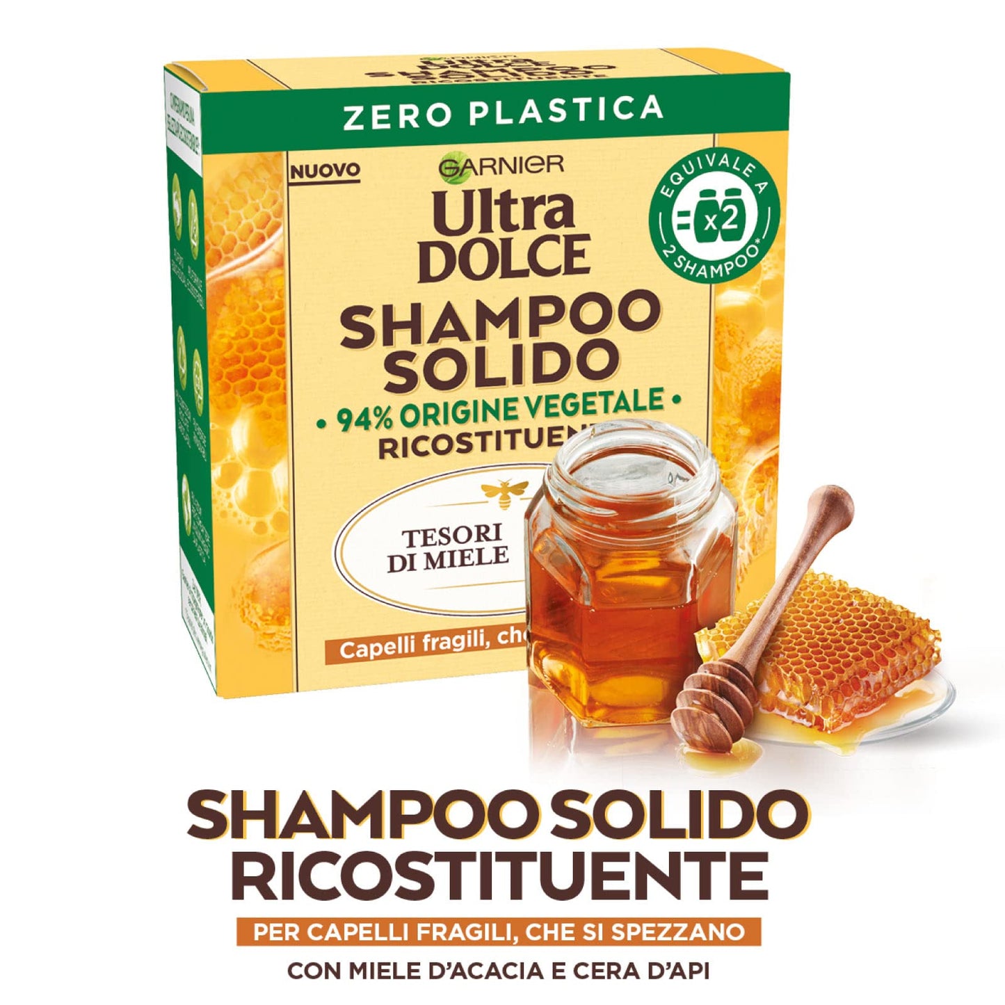 Garnier Ultra Dolce Shampoo Solido Ricostituente Tesori di Miele Capelli Fragili + Shampoo Solido Illuminante Camomilla e Olio di Calendula Biologico Capelli Chiari - 2 Shampoo Solidi da 60g