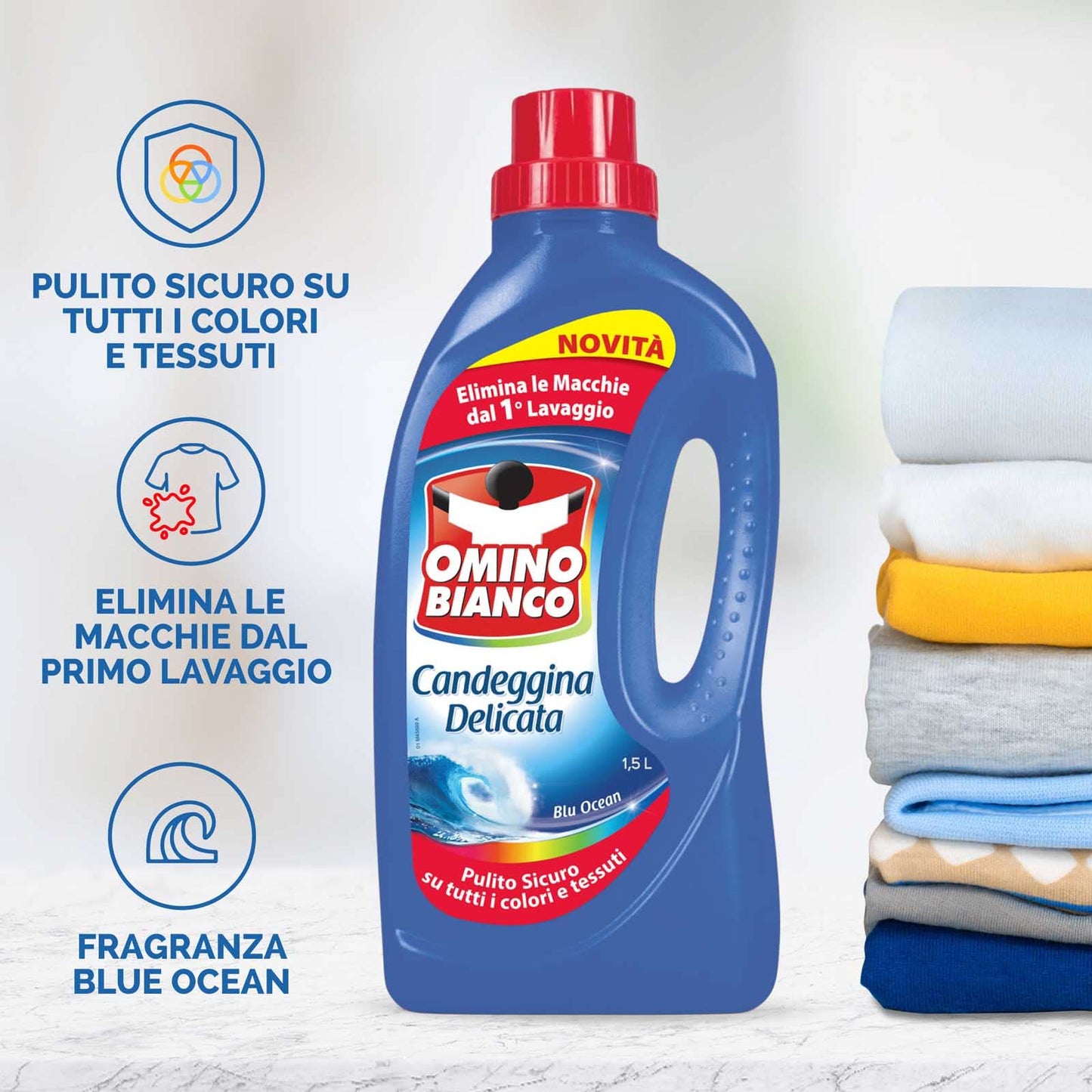 Omino Bianco - Candeggina Delicata, Tecnologia Anti Odor, Azione Igienizzante e Smacchiante, Essenza Blu Ocean, 1500 ml x 4 Flaconi