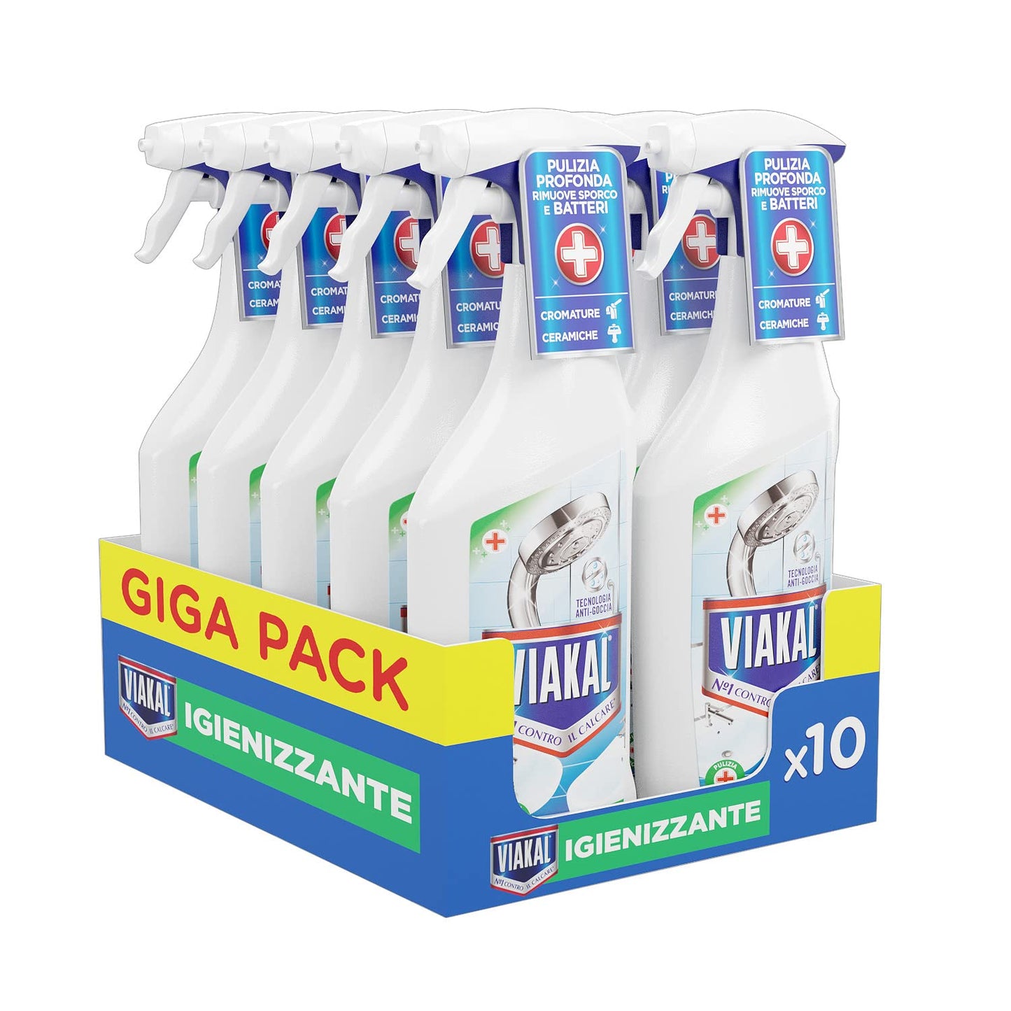 Viakal Anticalcare Detersivo Spray Bagno e Cucina, Igienizzante, 10 x 500 ml, con Tecnologia Anti-goccia, per un Bagno Pulito e Profumato, 100% di Plastica Riciclata