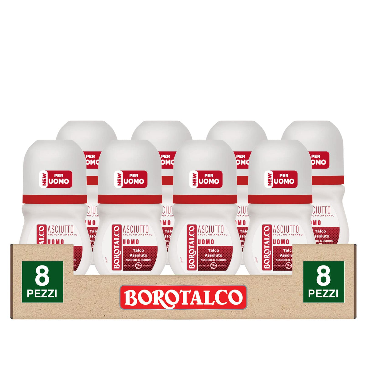 Borotalco Deodorante Roll On Asciutto per Uomo Deo 72h con Talco Assoluto Assorbe il Sudore Senza Alcol Profumo Ambrato - 8 Flaconi da 50ml