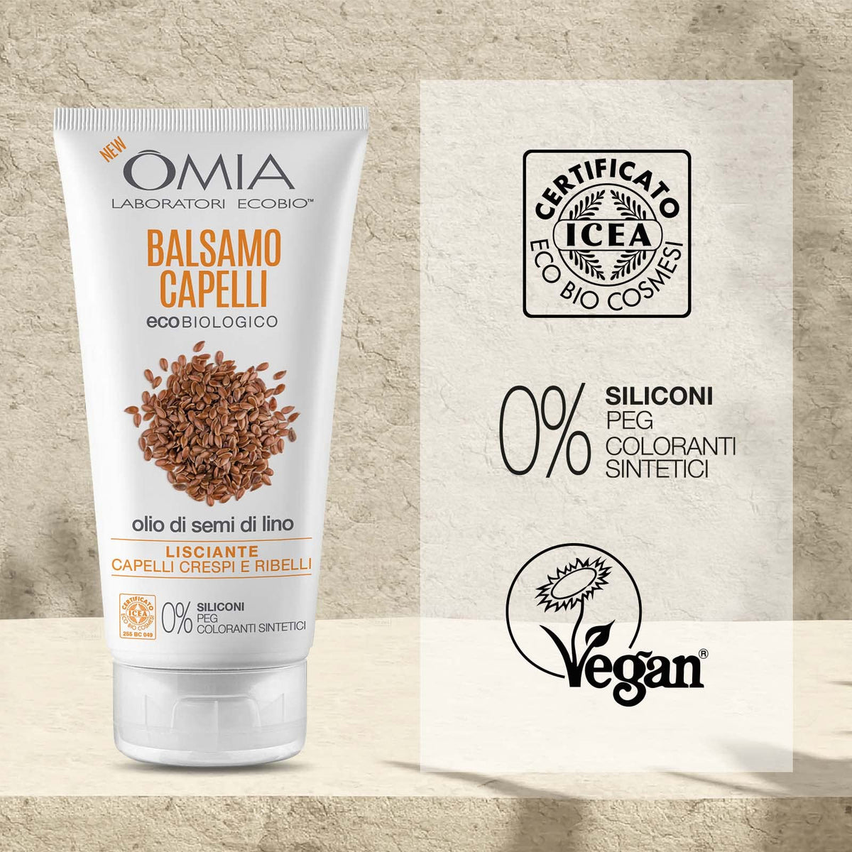 Omia, Balsamo Capelli Eco Bio con Olio di Semi di Lino, Per Capelli Crespi, Lisciante e Disciplinante, Adatto ad un Uso Frequente, Senza Siliconi, Dermatologicamente Testato - Flacone da 180 ml