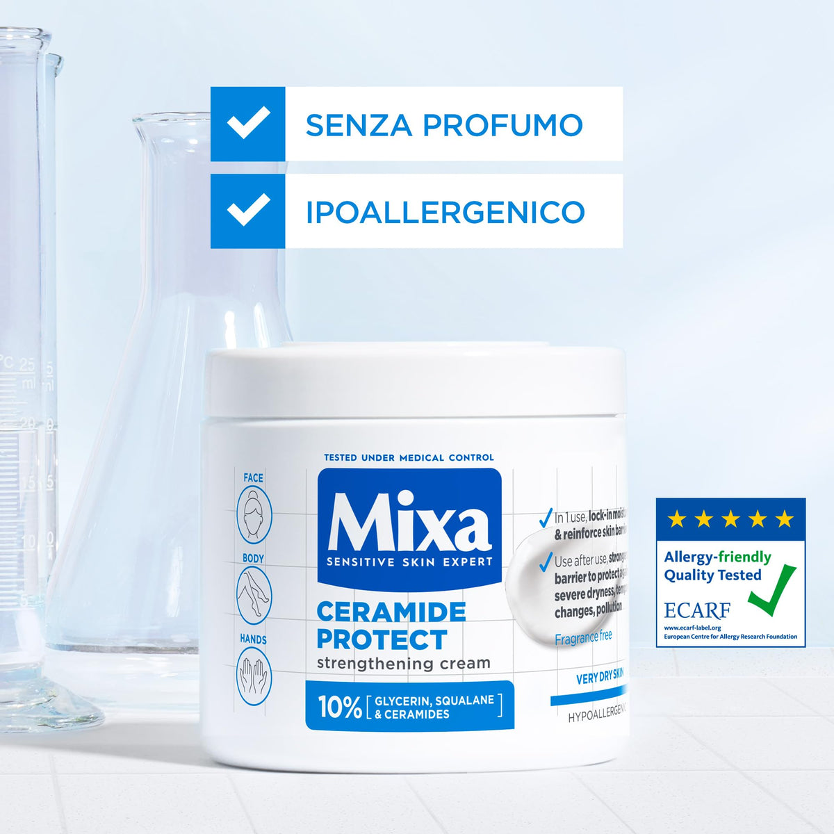Mixa Crema Idratante Rinforzante, Per Pelli Sensibili e Molto Secche, Pelle Idratata a Fondo, Con il 10% di Ceramidi, Glicerina e Squalano, Senza Profumo, Ceramide Protect, 400 ml
