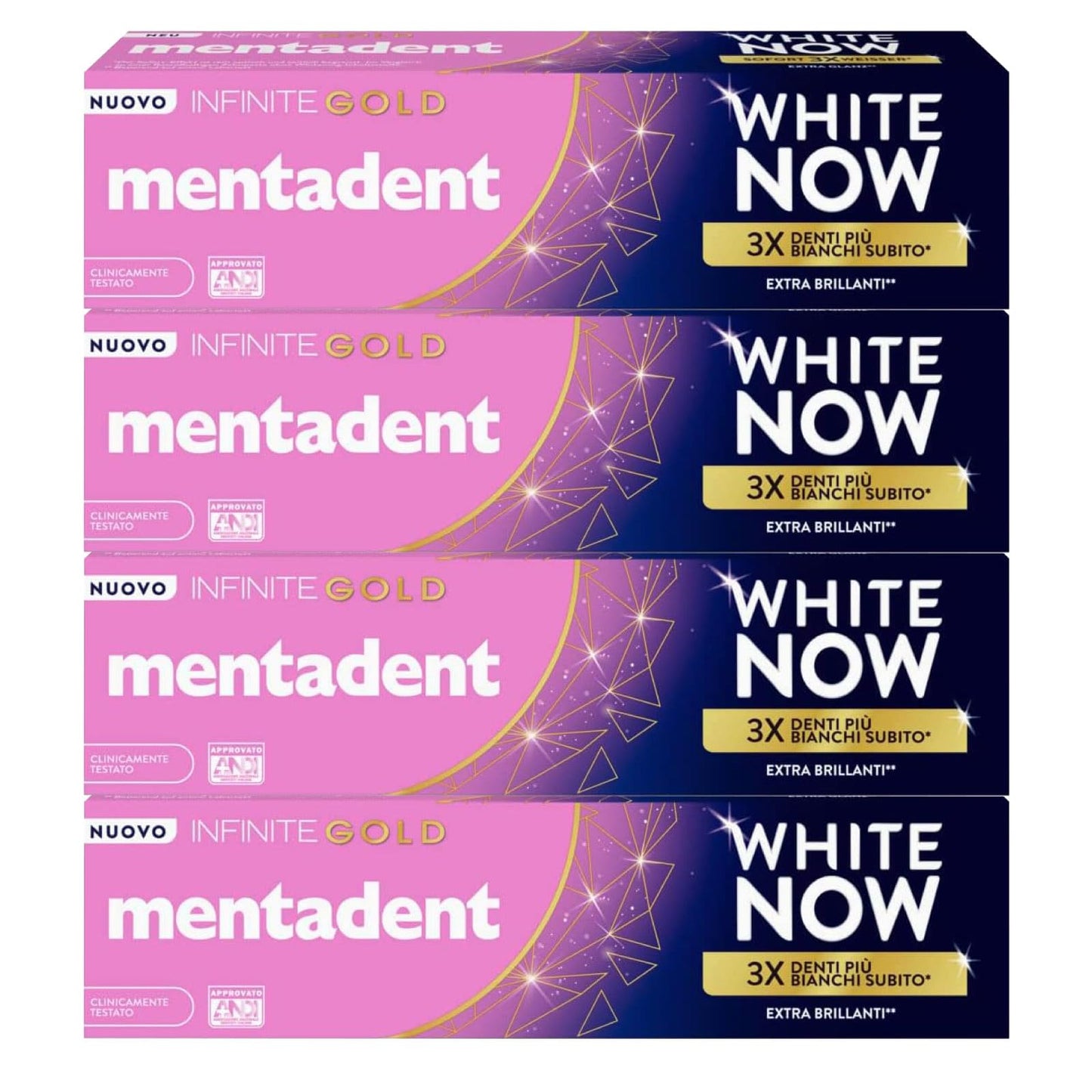 Mentadent White Now Infinite Gold Dentifricio Sbiancante Azione Istantanea Contro Macchie Superficiali Denti Extra Brillanti Sbiancamento Temporaneo - 4 Flaconi da 75ml