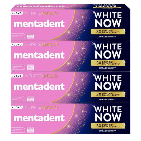 Mentadent White Now Infinite Gold Dentifricio Sbiancante Azione Istantanea Contro Macchie Superficiali Denti Extra Brillanti Sbiancamento Temporaneo - 4 Flaconi da 75ml