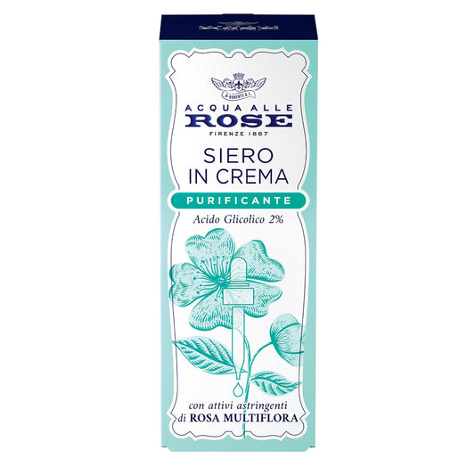 Acqua alle Rose, Siero Viso in Crema Fluida Purificante, Concentrato Attivo di Acido Glicolico (2%) e Attivi Astringenti di Rosa Multiflora, Pelli Impure e Miste, Purifica, Esfolia e Reidrata - 30 ml
