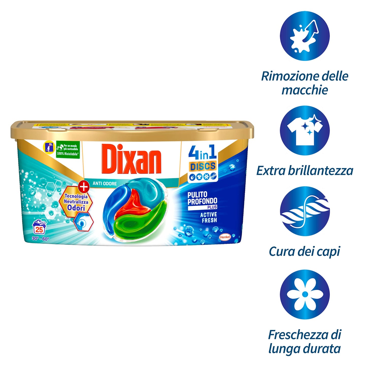 Dixan Discs Detersivo per Bucato Antiodore, 25 capsule