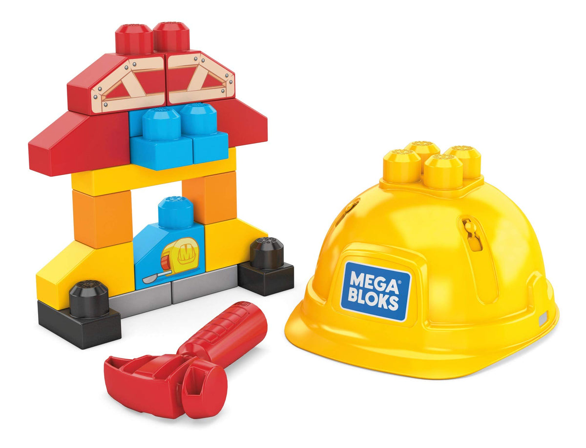 MEGA Bloks Kit del Piccolo Costruttore con 18 Blocchi, Caschetto e Martello di Plastica, Giocattolo per Bambini 2+ Anni, GNT91