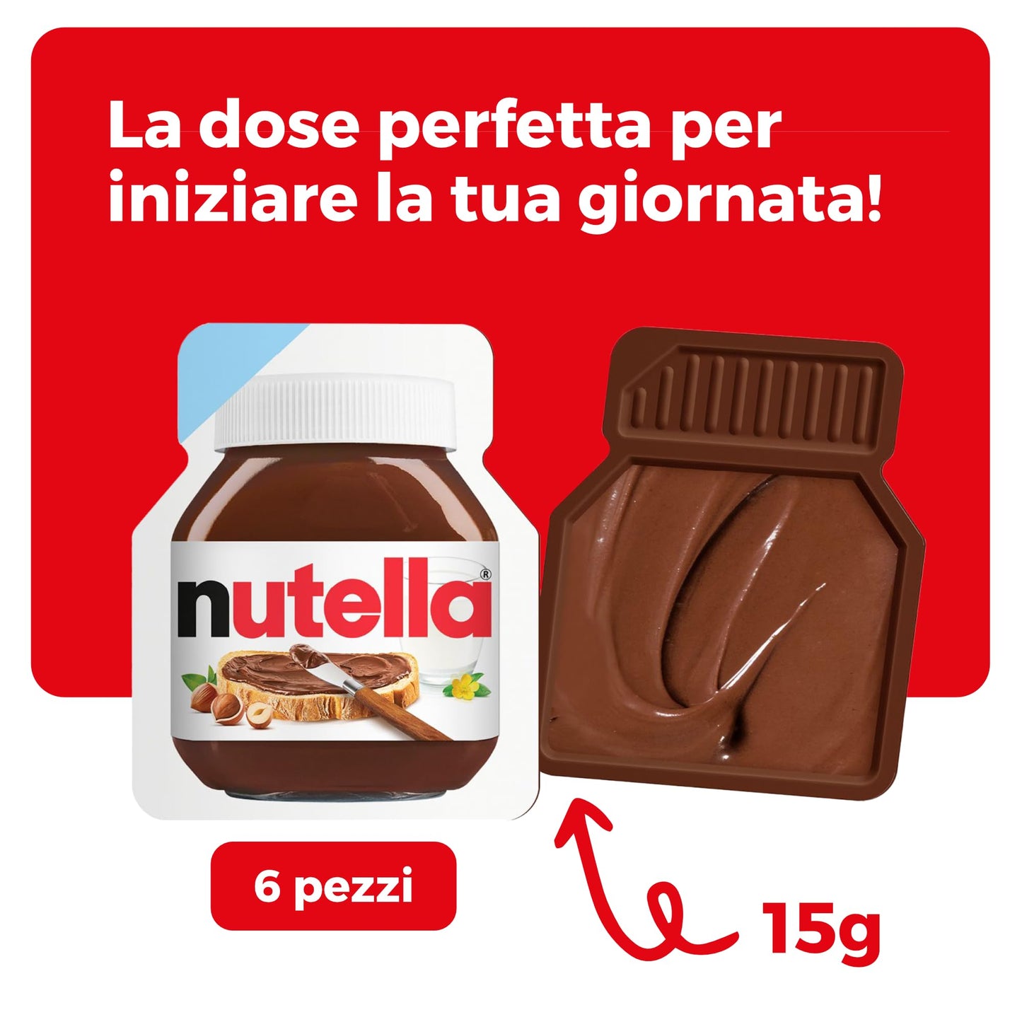 Nutella Monoporzione - Crema Spalmabile alle Nocciole e Cacao, Senza Glutine, Conservanti e Grassi Idrogenati, Ideale a Colazione, 6 Confezioni da 15 gr