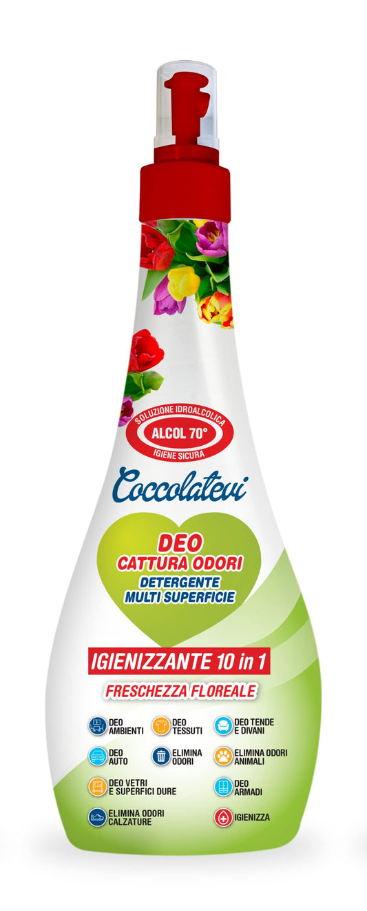 COCCOLATEVI Deo 10 in 1 Freschezza Floreale 300 ml Cattura Odori, Detergente Igienizzante Multi Superficie con Alcol 50°, Igienizza, Pulisce, Deodora e Profuma