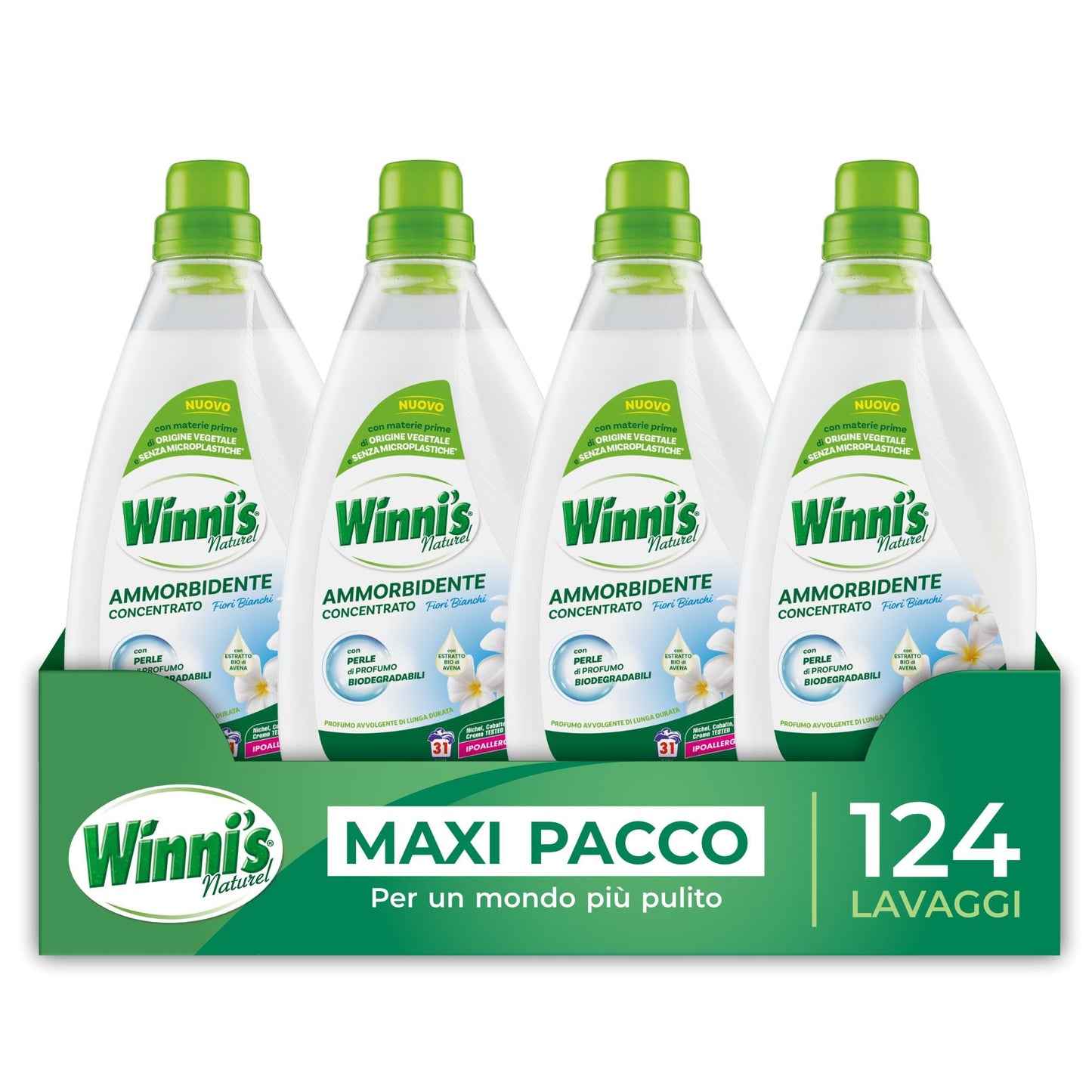 Winni's - Ammorbidente Lavatrice Ipoallergenico Concentrato Ecoformato, 124 Lavaggi, Fragranza Fiori Bianchi, Con Perle di Profumo Biodegradabili, 775 ml x 4 Confezioni