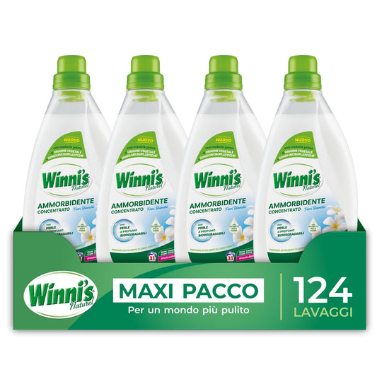 Winni's - Ammorbidente Lavatrice Ipoallergenico Concentrato Ecoformato, 124 Lavaggi, Fragranza Fiori Bianchi, Con Perle di Profumo Biodegradabili, 775 ml x 4 Confezioni