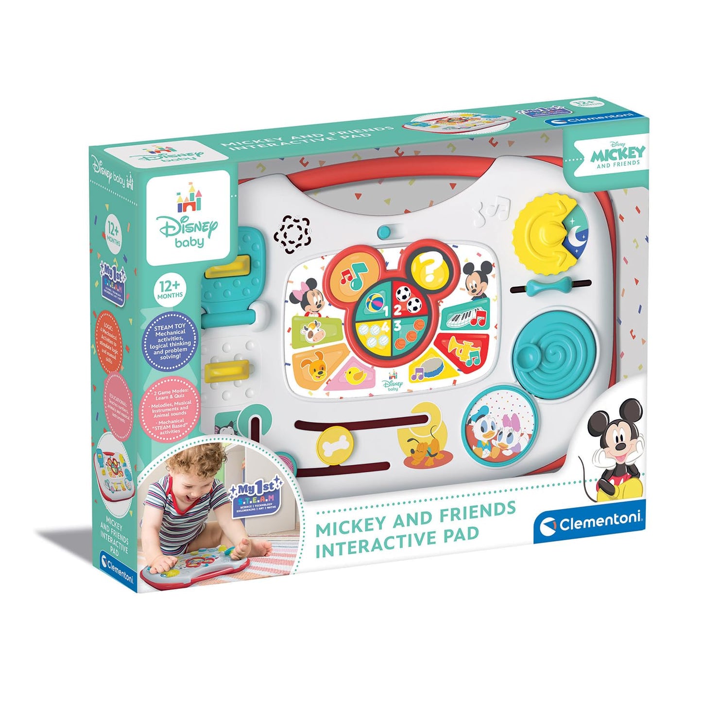 Clementoni Disney Baby - Mickey And Friends Interactive Pad, Gioco Prima Infanzia Interattivo 12+ Mesi, con attività Elettroniche e Meccaniche per Scoprire Numeri, Animali e Musica, 17890