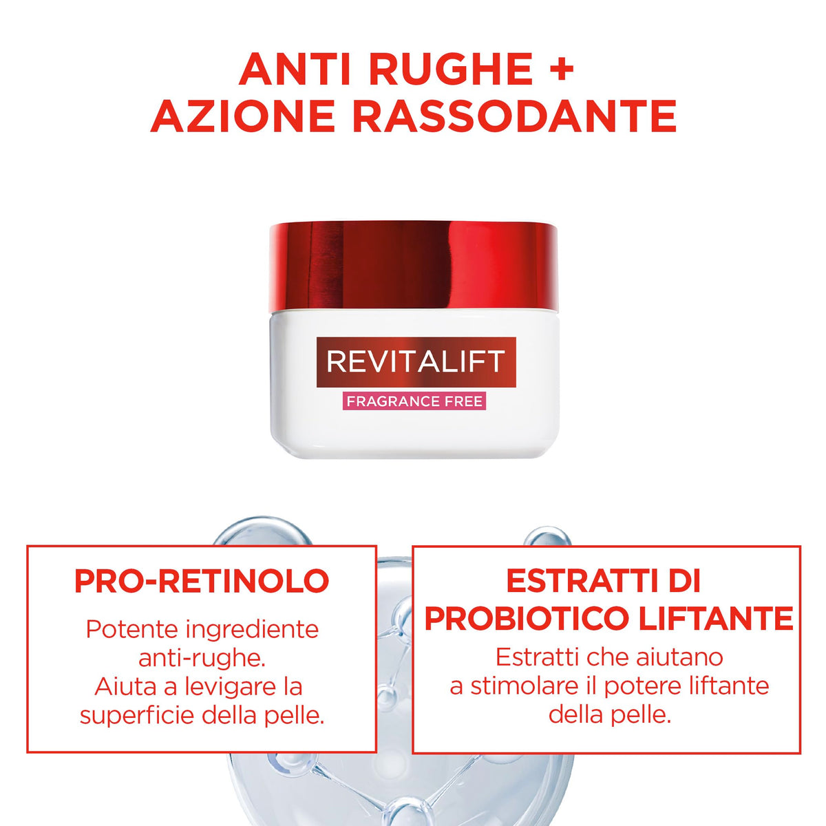 L'Oréal Paris Crema Viso Fragrance Free Revitalift, Per Pelli Sensibili, Azione Rassodante, Pelle Rimpolpata e Idratata, Arricchita Con Pro-Retinolo e Probiotico Liftante, 50 ml