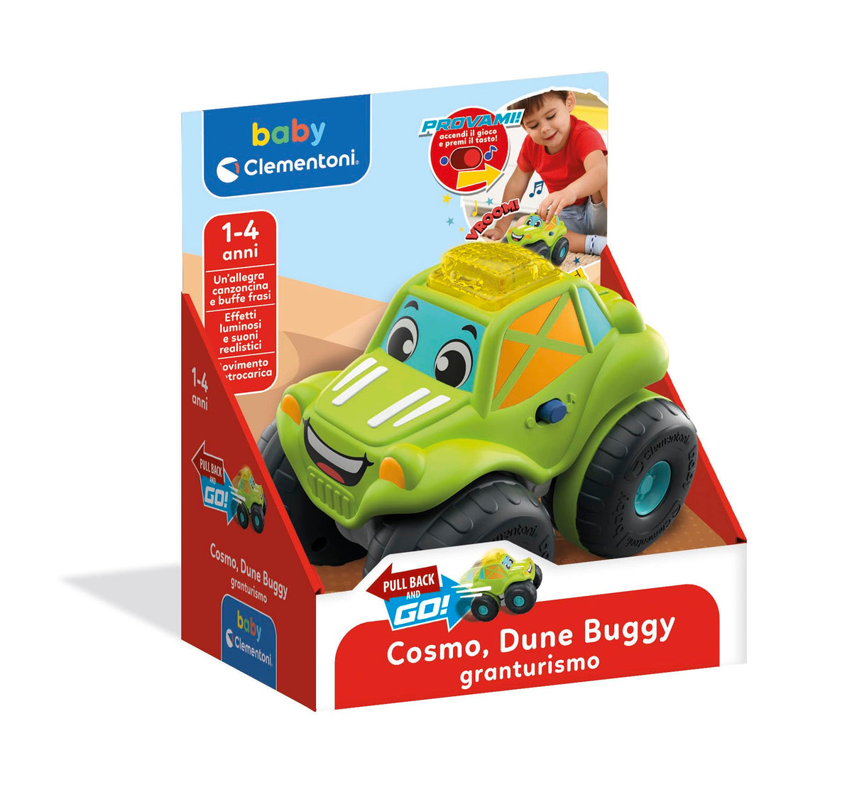 Baby Clementoni - Cosmo Dune Buggy, Macchinina Bambino 1-4 Anni, Gioco Prima Infanzia, Fuoristrada con Suoni e Sirene, Stimola Manualità, Vista e Udito, Made in Italy, Lingua Italiana, 17536