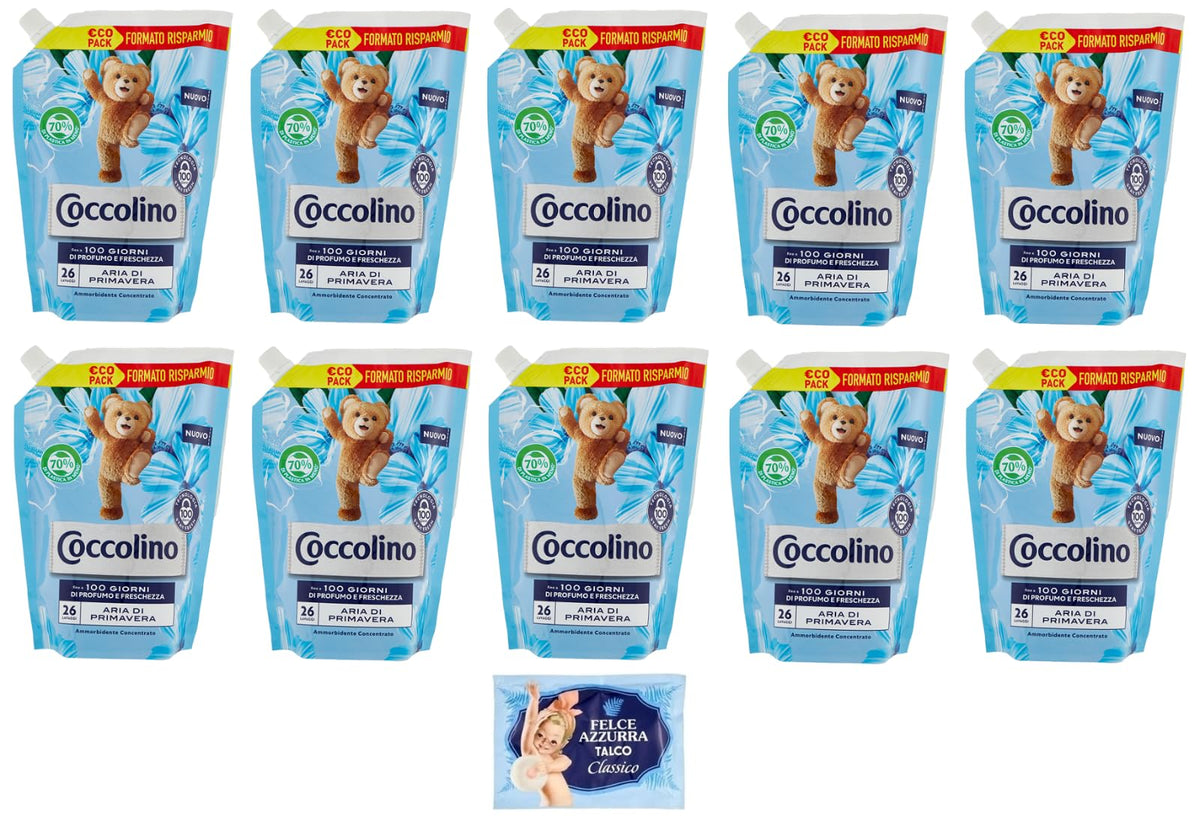 10x Coccolino Ammorbidente Concentrato Aria di Primavera,Eco Pack 26 Lavaggi,Formato Risparmio in Busta da 600ml + 1 Busta di Talco Felce Azzurra in omaggio da 100g