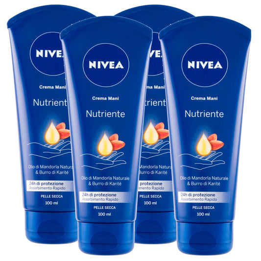 Nivea Crema Mani Nutriente Idratante con Olio di Mandorla e Burro di Karité per Pelle Secca Assorbimento Rapido - 4 Flaconi da 100ml