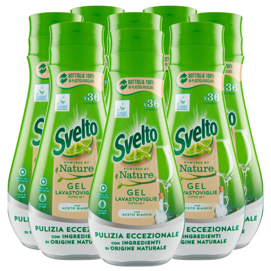 Svelto Powered By Nature Gel Tutto in 1 per Lavastoviglie Pulizia Eccezionale con Aceto Bianco e Ingredienti di Origine Naturale - 8 Flaconi da 640ml