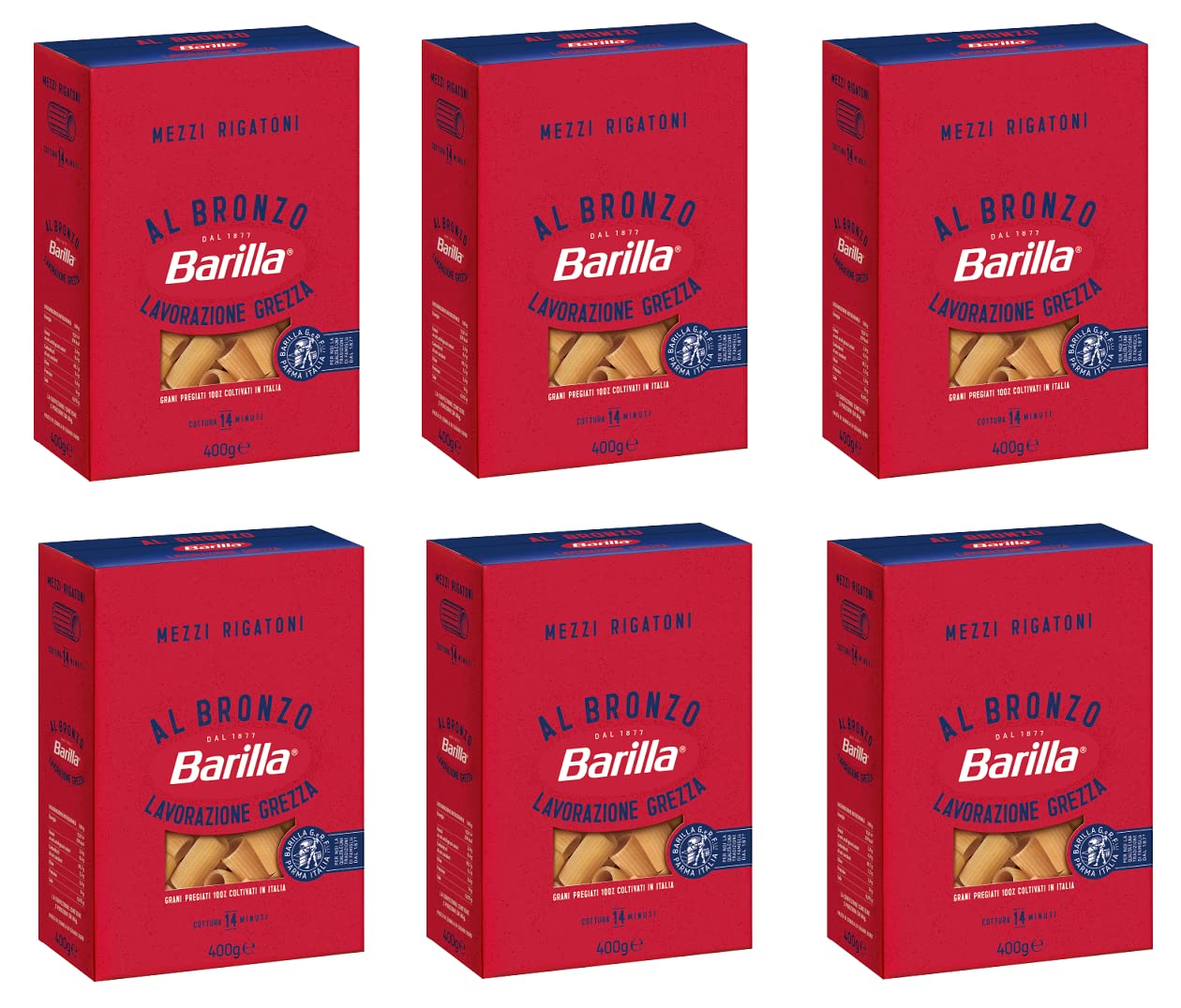 6 x Barilla Mezzi Rigatoni al Bronzo Trafilato al Bronzo 400 g Metodo di lavorazione grezza