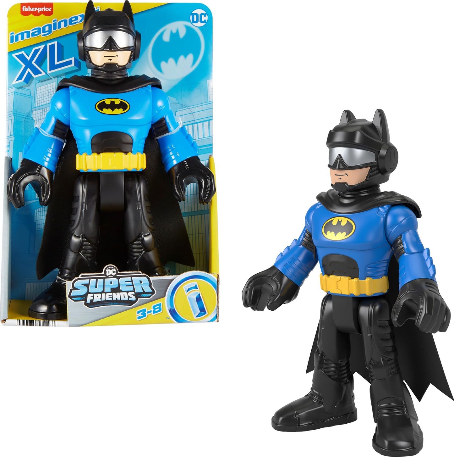 Fisher-Price Imaginext DC Super Friends - Batman XL Motociclista Blu, Personaggio snodato Alto piĂą di 25 cm con Morbido Mantello in Tessuto, Giocattolo per Bambini, 3+ Anni, HML40