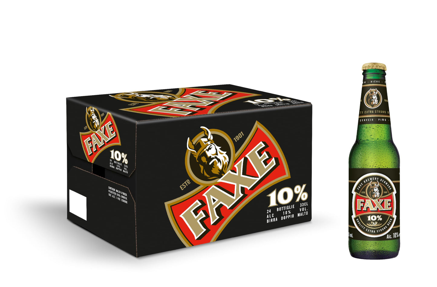 Faxe - 24 Bottiglie da 33 cl, Birra Forte Doppio Malto, Gradazione Alcolica 10°C, Strong Lager con Profumo Fruttati e Malto, Senza Additivi e Alcol Aggiunto