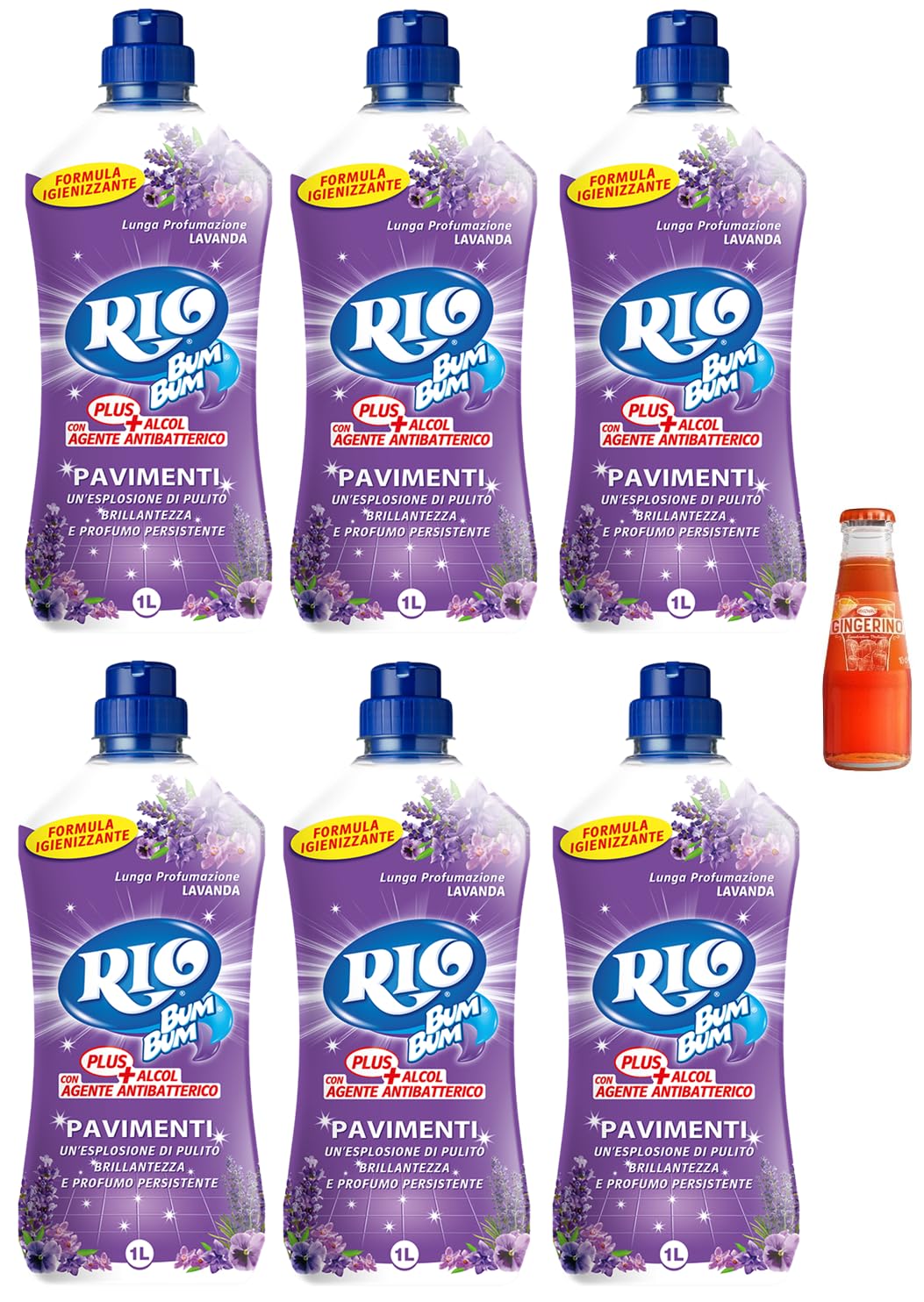 6x RIO Bum Bum Pavimenti, detergente per pavimenti con alcool, profumo di Lavanda, 1000ml + 1x Gingerino Recoaro Aperitivo Italiano 10cl IN OMAGGIO