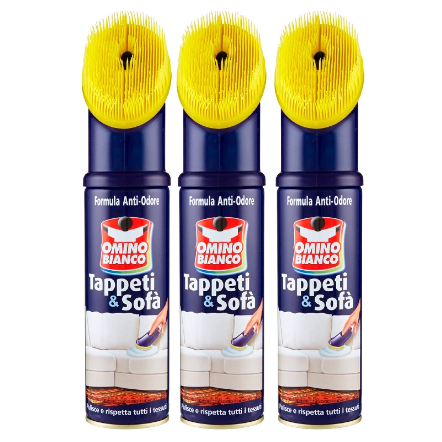 Omino Bianco - Prodotto Specifico per Tappeti e Divani, Pulitore e Detergente per Tessuti con Formula Antiodore, 3 Flaconi x 300 ml