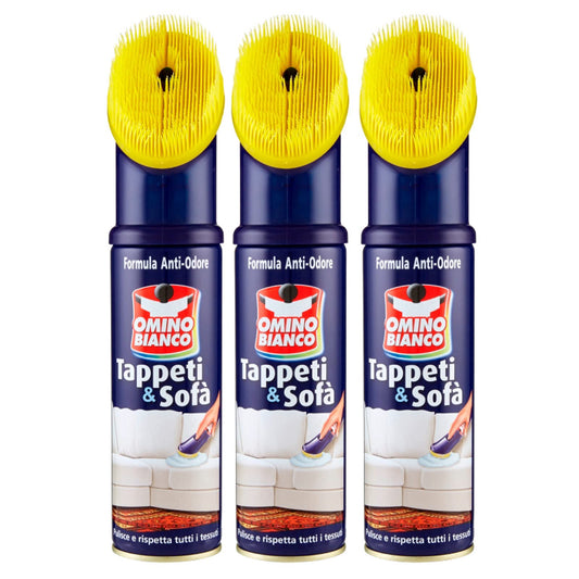 Omino Bianco - Prodotto Specifico per Tappeti e Divani, Pulitore e Detergente per Tessuti con Formula Antiodore, 3 Flaconi x 300 ml