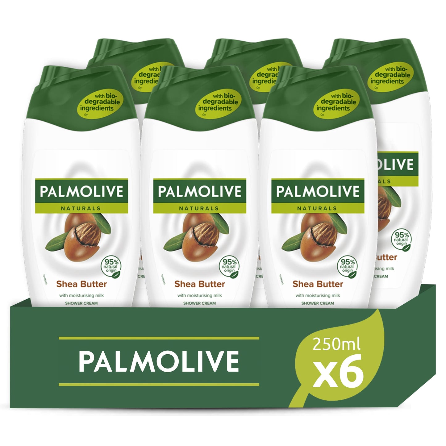 Palmolive, Bagnoschiuma Naturals, Bagnodoccia Crema Per Il Corpo Al Burro di Karité, Idrata Tutti I Tipi Di Pelle Con La Sua Formula Delicata Per Una Pelle Soffice - 6 Flaconi Da 250 ml