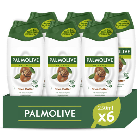 Palmolive, Bagnoschiuma Naturals, Bagnodoccia Crema Per Il Corpo Al Burro di Karité, Idrata Tutti I Tipi Di Pelle Con La Sua Formula Delicata Per Una Pelle Soffice - 6 Flaconi Da 250 ml