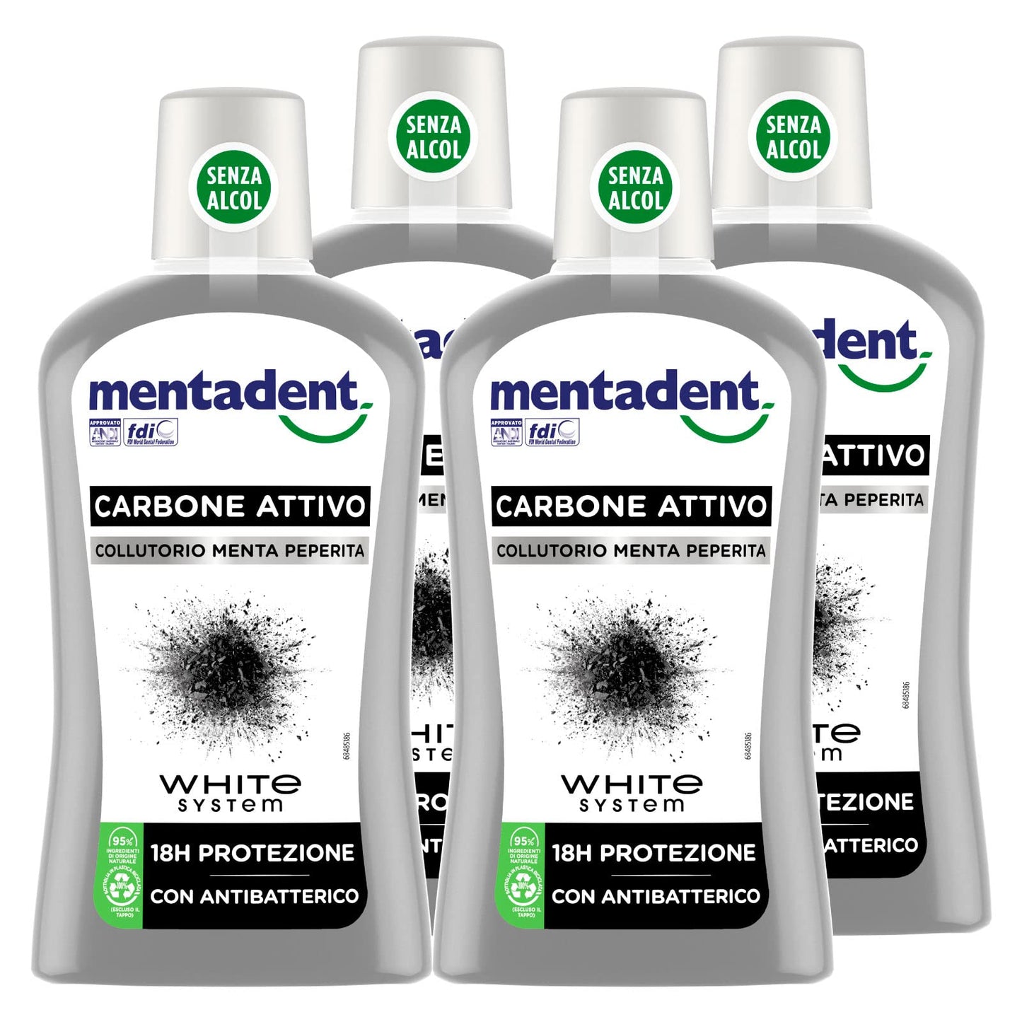 4x Mentadent Collutorio Carbone Attivo White System Sbiancante Zero Alcol con Antibatterico - 4 Flaconi da 500 ml ognuno