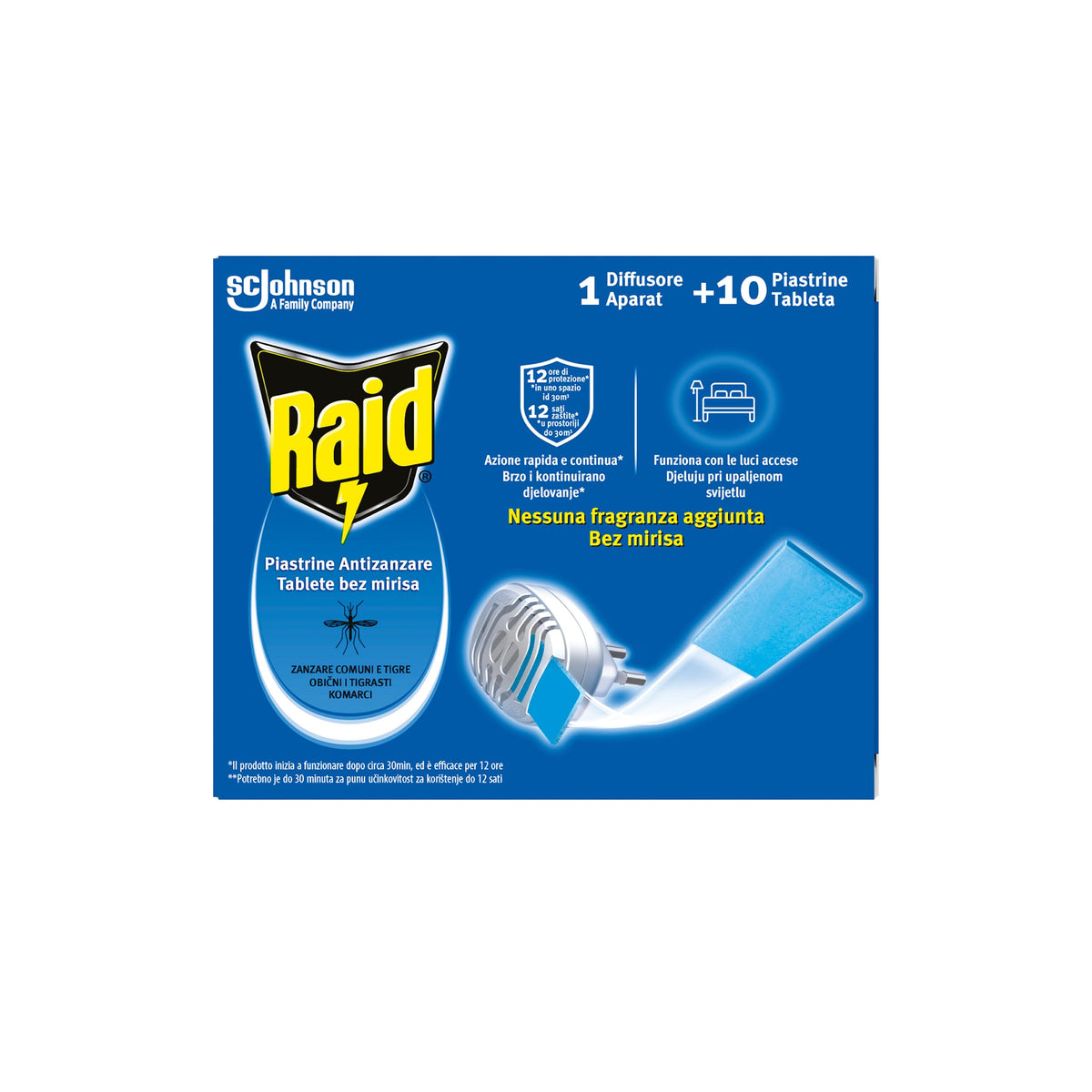Raid Piastrine Antizanzare Comuni e Tigre, Azione prolungata,1 Diffusore + 10 Piastrine Ricarica