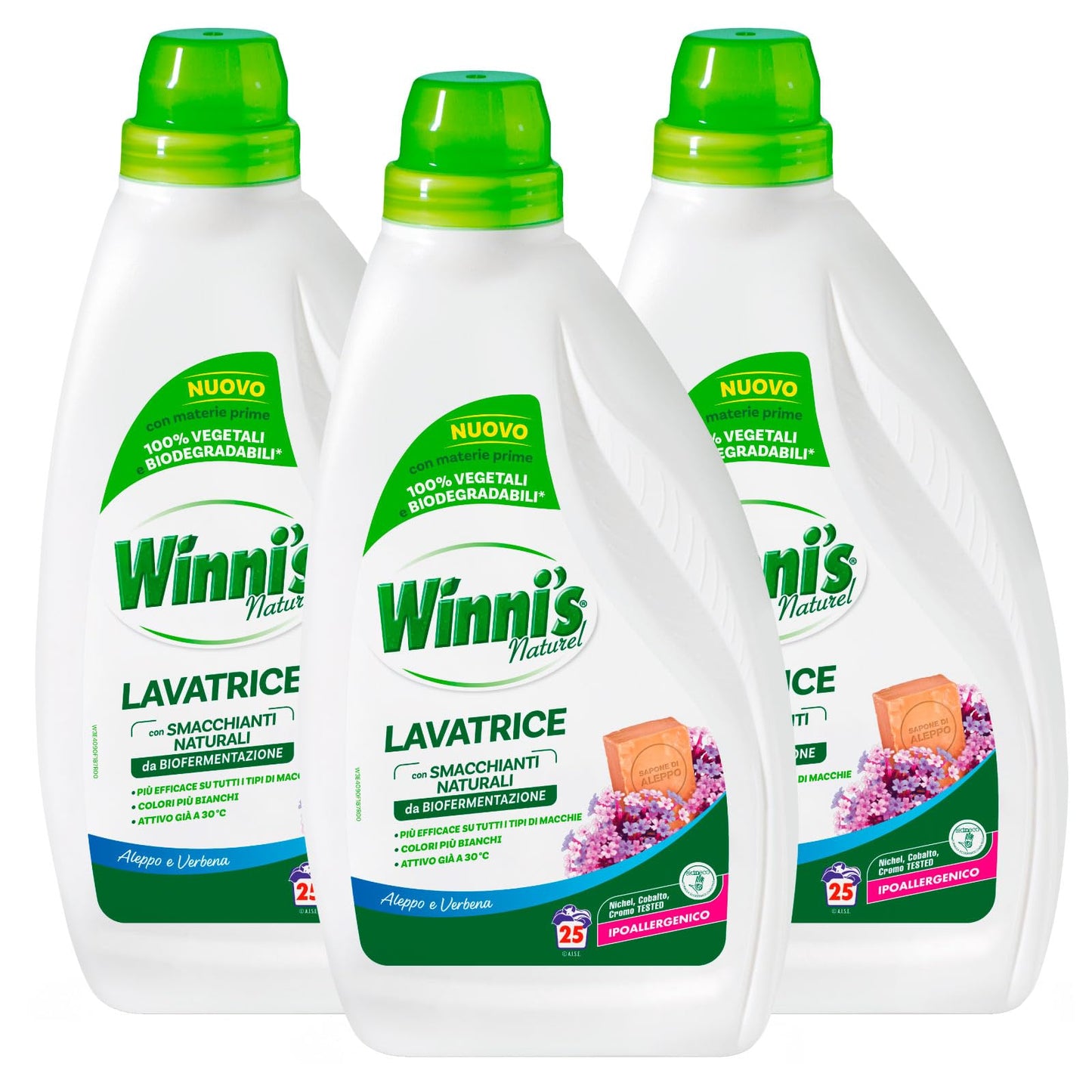 Winni's Naturel Lavatrice Detersivo Liquido con Smacchianti Naturali Fragranza Aleppo e Verbena Attivo a 30°C Ipoallergenico Materie Prime di Origine Vegetali Biodegradabili - 3 Flaconi da 1,125L