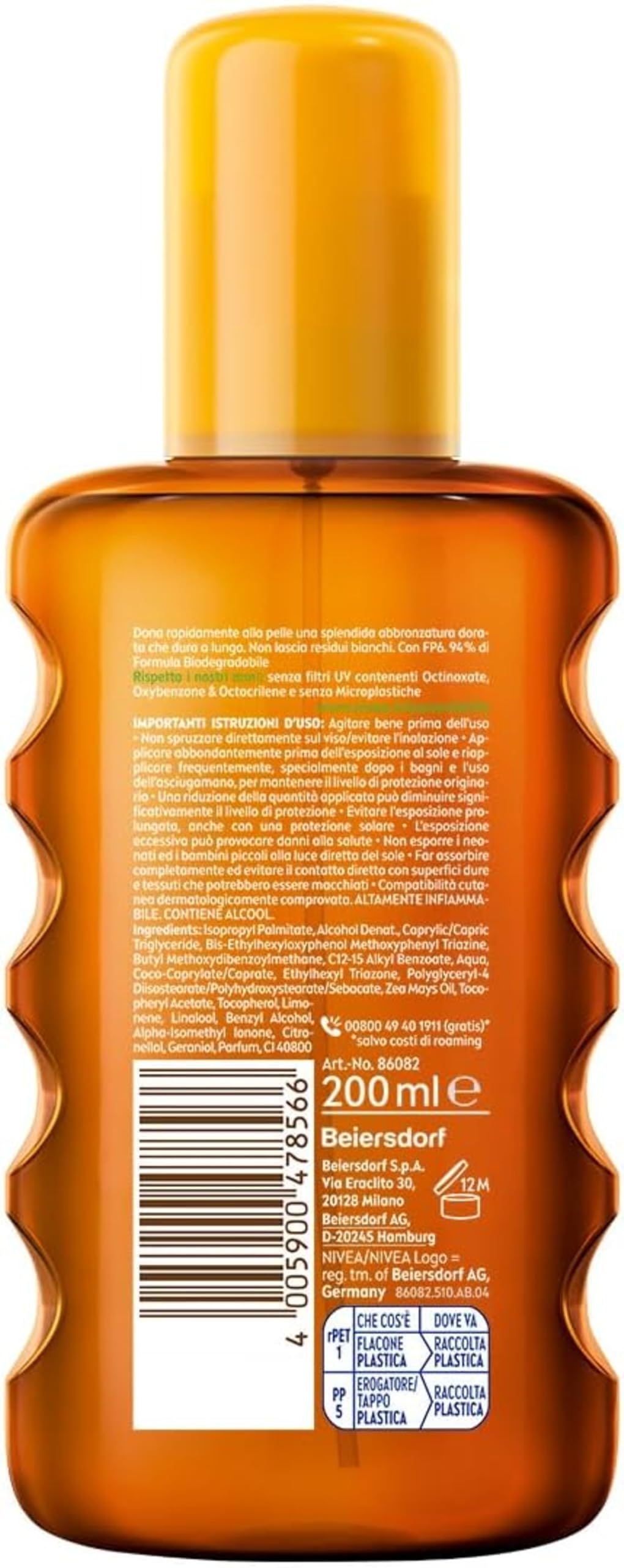 NIVEA Sun Olio Spray Solare Carotene Bronze 200ml, Olio abbronzante con estratto di Carotene e Vitamina E, Protezione solare SPF 6, Abbronzatura intensa e duratura