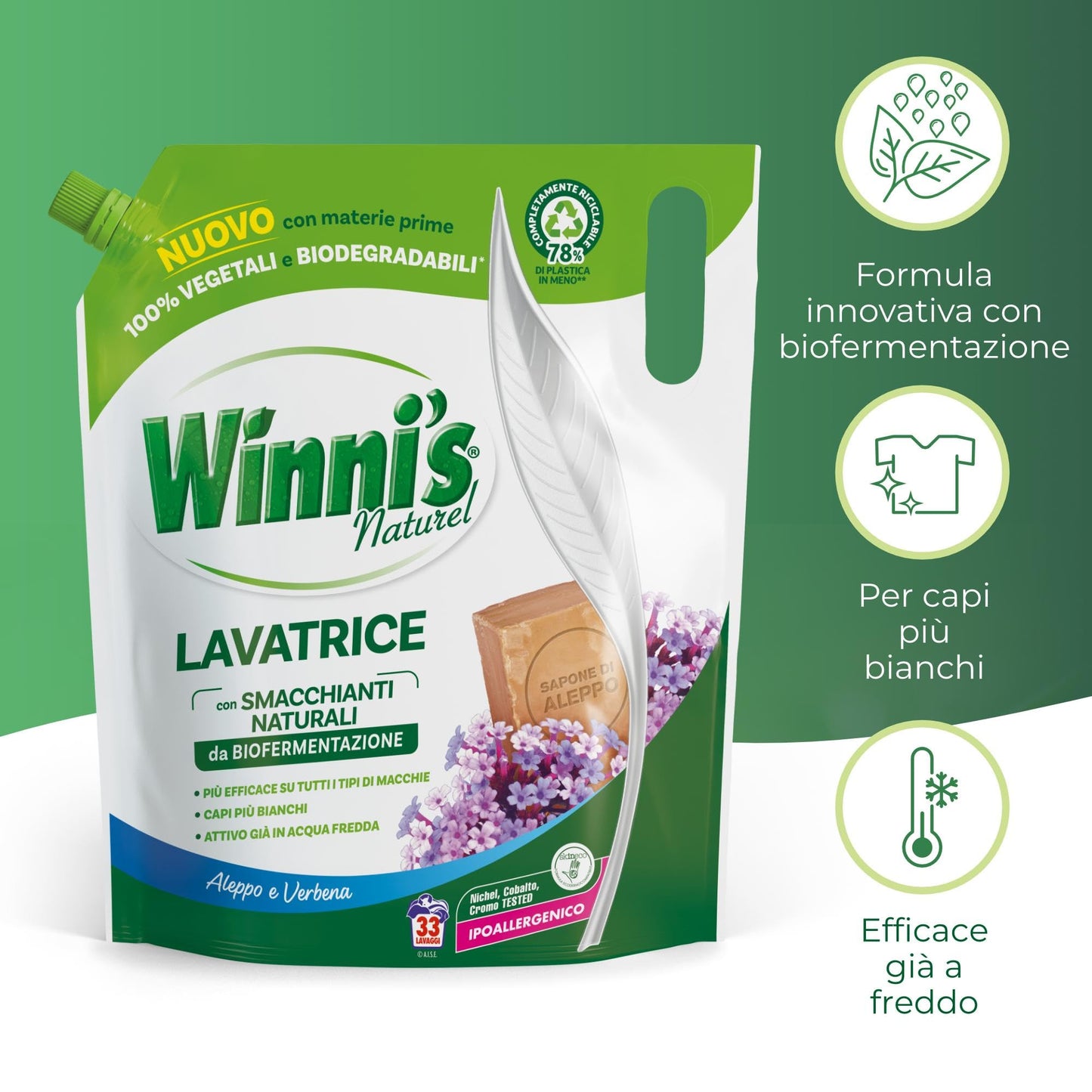 Winni’s - Detersivo Lavatrice Ipoallergenico Ecoformato, 132 Lavaggi, Aleppo e Verbena, con Smacchianti Naturali da Biofermentazione e Materie Prime di Origine Vegetale, 1485mlx4 Confezioni
