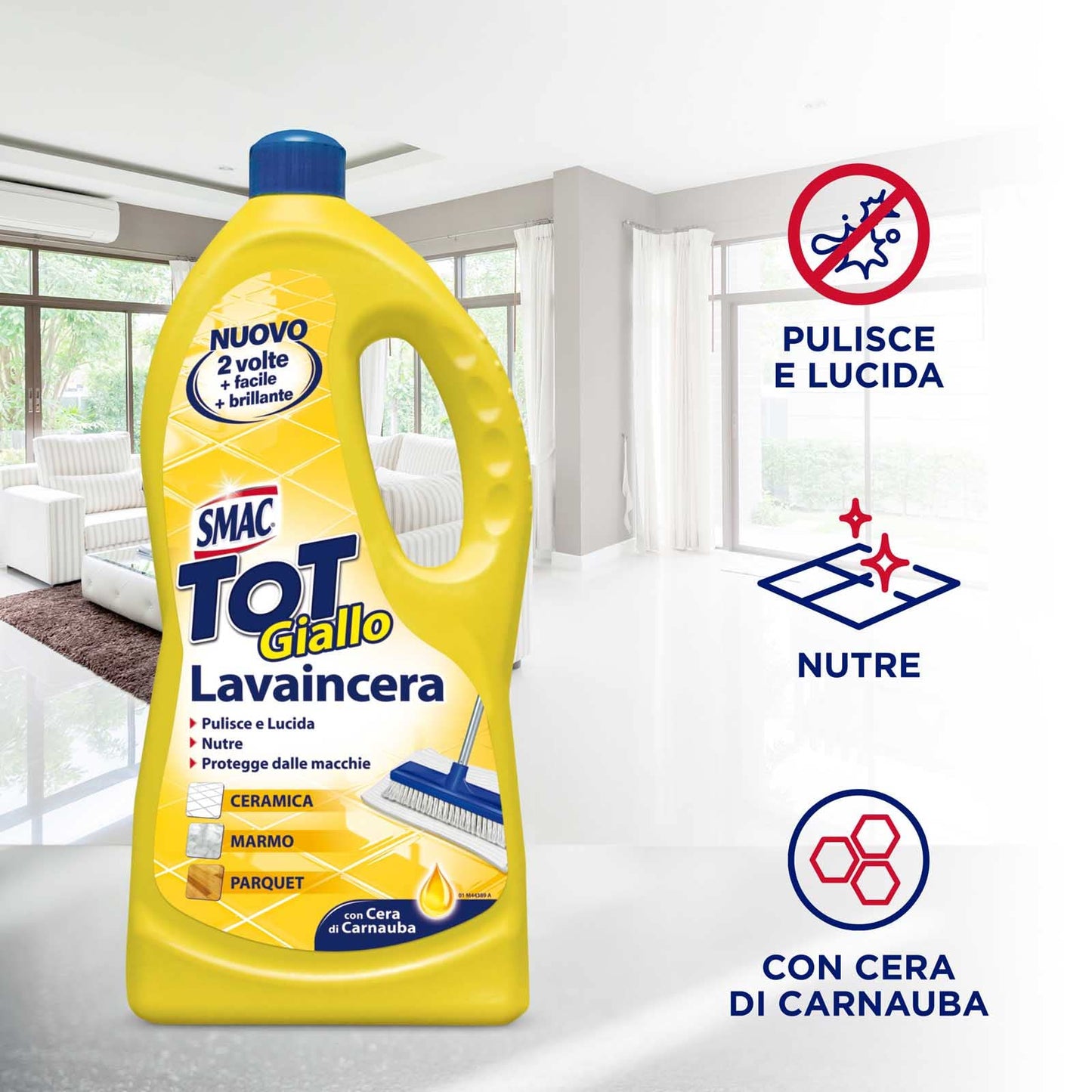 Smac - Tot Giallo Lavaincera, Detergente Pavimenti Pregiati in Ceramica, Marmo e Parquet, con Cera di Carnauba, 1000ml x 3 Pezzi