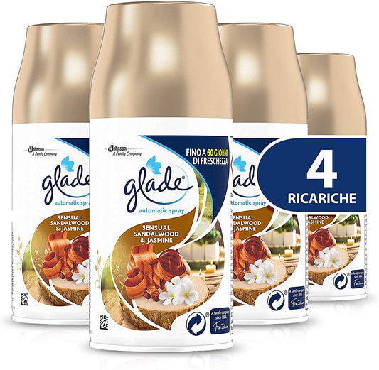 Glade Automatic Spray Ricarica, Profumatore per Ambienti, Fragranza Sensual Sandalwood & Jasmine, Formato Scorta da 4 Ricariche da 269 ml