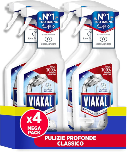 Viakal Spray Anticalcare, Confezione da 4 x 720ml, Fragranza Regolare, Tecnologia Anti-Goccia, Elimina Fino Al 100% Di Calcare e Residui di Sapone, Con Segnalibro Viakal