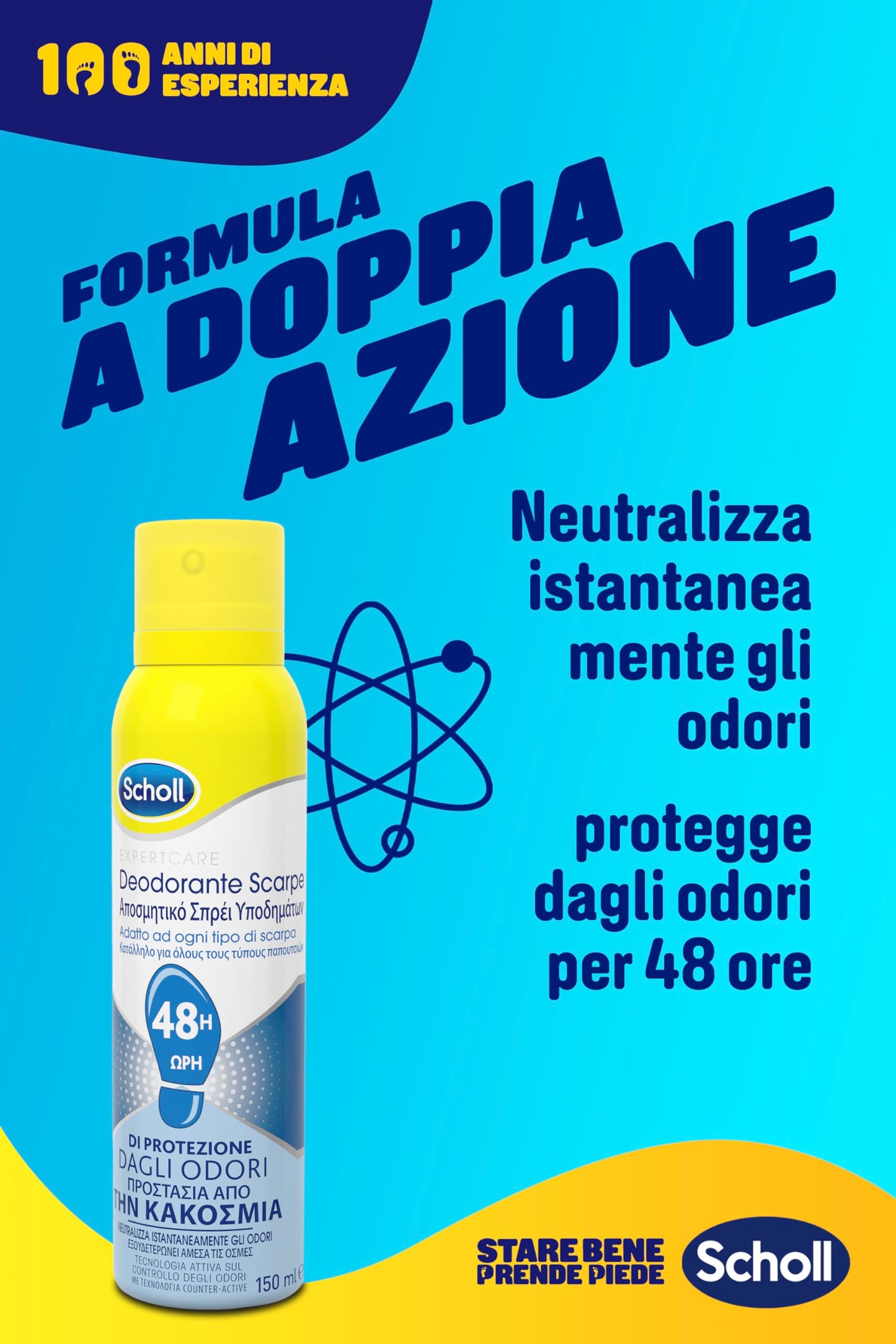 Scholl ExpertCare, Deodorante Spray per Scarpe con Tecnologia Attiva sul Controllo degli Odori, Elimina e Protegge dai Cattivi Odori per 48h, Adatto ad Ogni Tipo di Scarpa, Flacone Spray da 150 ml