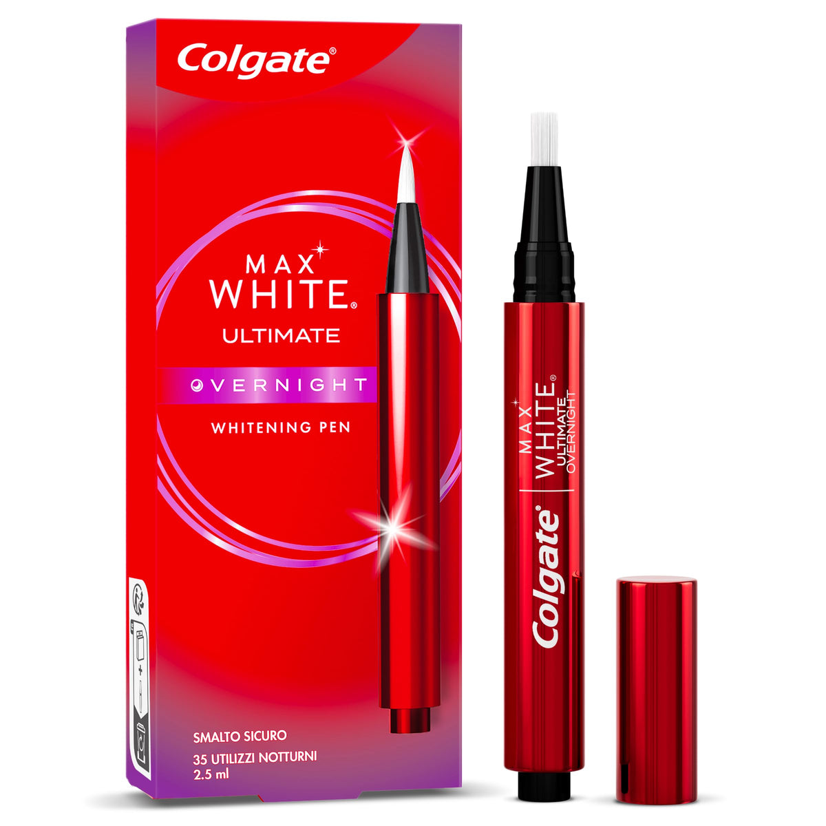 Colgate Penna Sbiancante Denti Notturna Max White Overnight, Sbiancamento Denti, Sicuro per lo Smalto 2,5ml I Riduce le macchie superficiali I