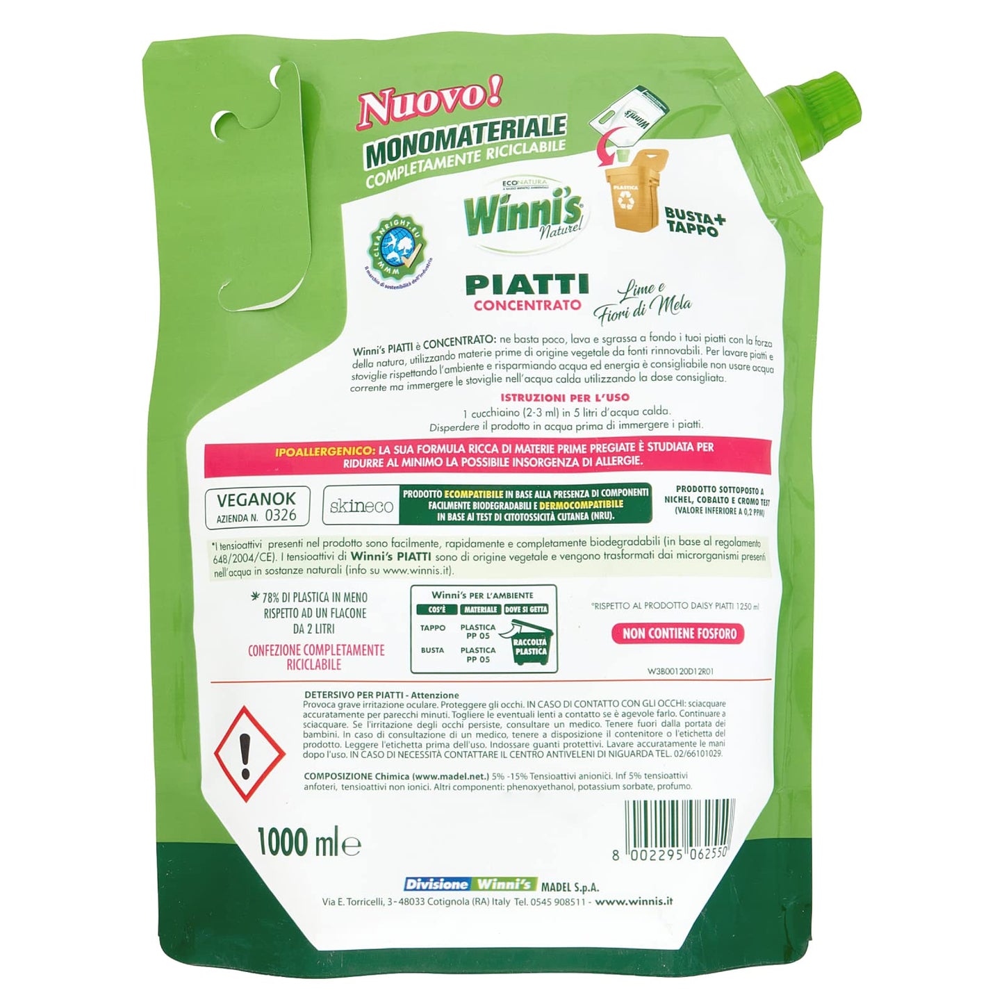 Winni's Naturel Detersivo Concentrato Lavaggio a Mano Piatti e Stoviglie Fragranza Lime Fiori di Mela Ipoallergenico Materie Prime Origine Vegetale Completamente Biodegradabili - 3 Buste da 1L