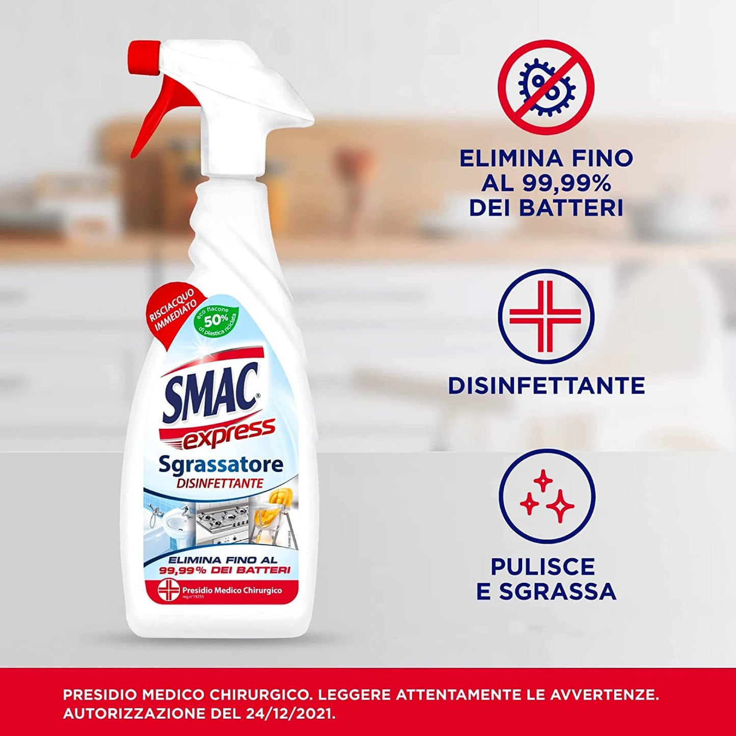 Smac Express Sgrassatore Disinfettante, Detergente Spray Multisuperficie con Azione Sgrassante Adatto alla Pulizia Quotidiana - 4 Flaconi da 650 ml