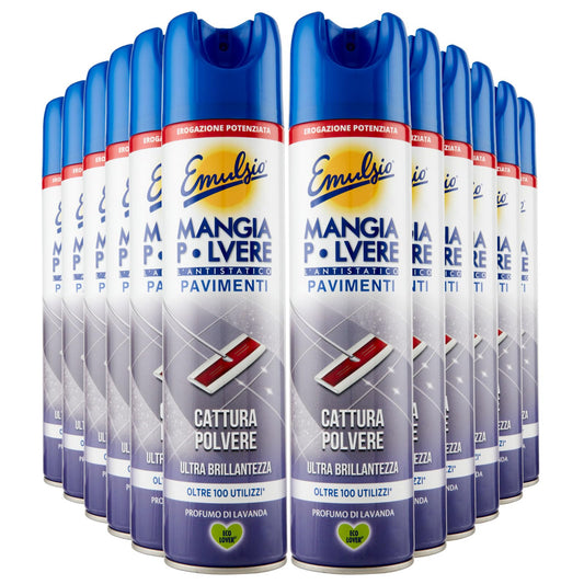 Emulsio Mangia Polvere L'antistatico Pavimenti Spray Cattura Polvere Ultra Brillantezza per Ogni Tipo di Pavimento Profumato alla Lavanda - 12 Flaconi Spray da 300ml ognuno